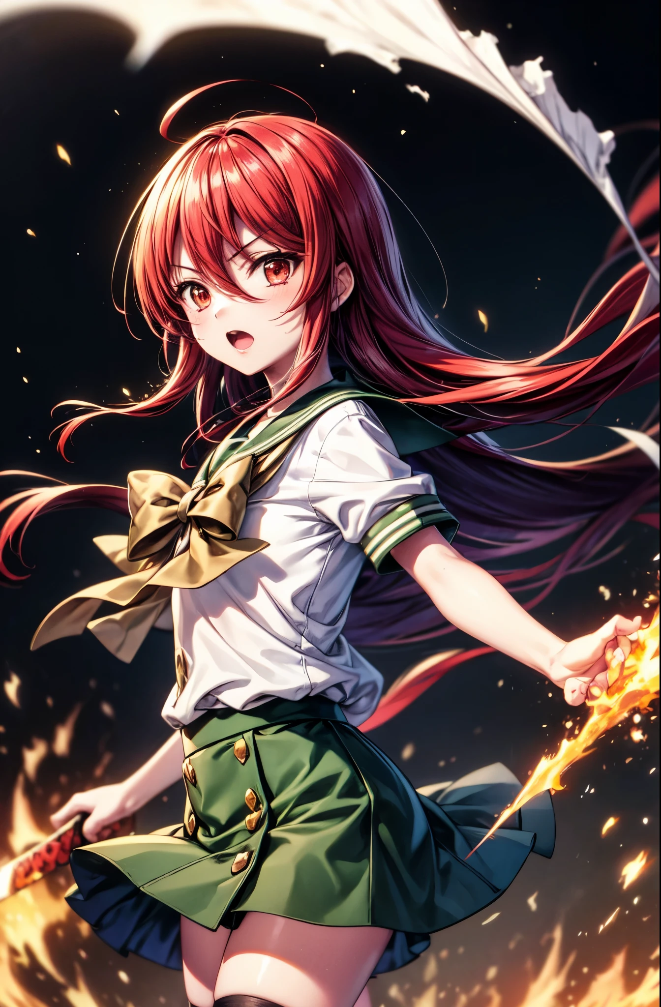 1 girl, cowboy shot, rubble ruins, anger, (battle preparation:1.2), open your mouth, (night:1.2), explosive inflammation,shana, red eyes, redhead, very long hair, hair between eyes, (Ahoge:1.1), , school uniform, serafuku, white shirt, short sleeve, green skirt, Thighhighs, black rider suit,He holds a Japanese sword wrapped in flames in both hands.,highest quality, masterpiece, High resolution, 