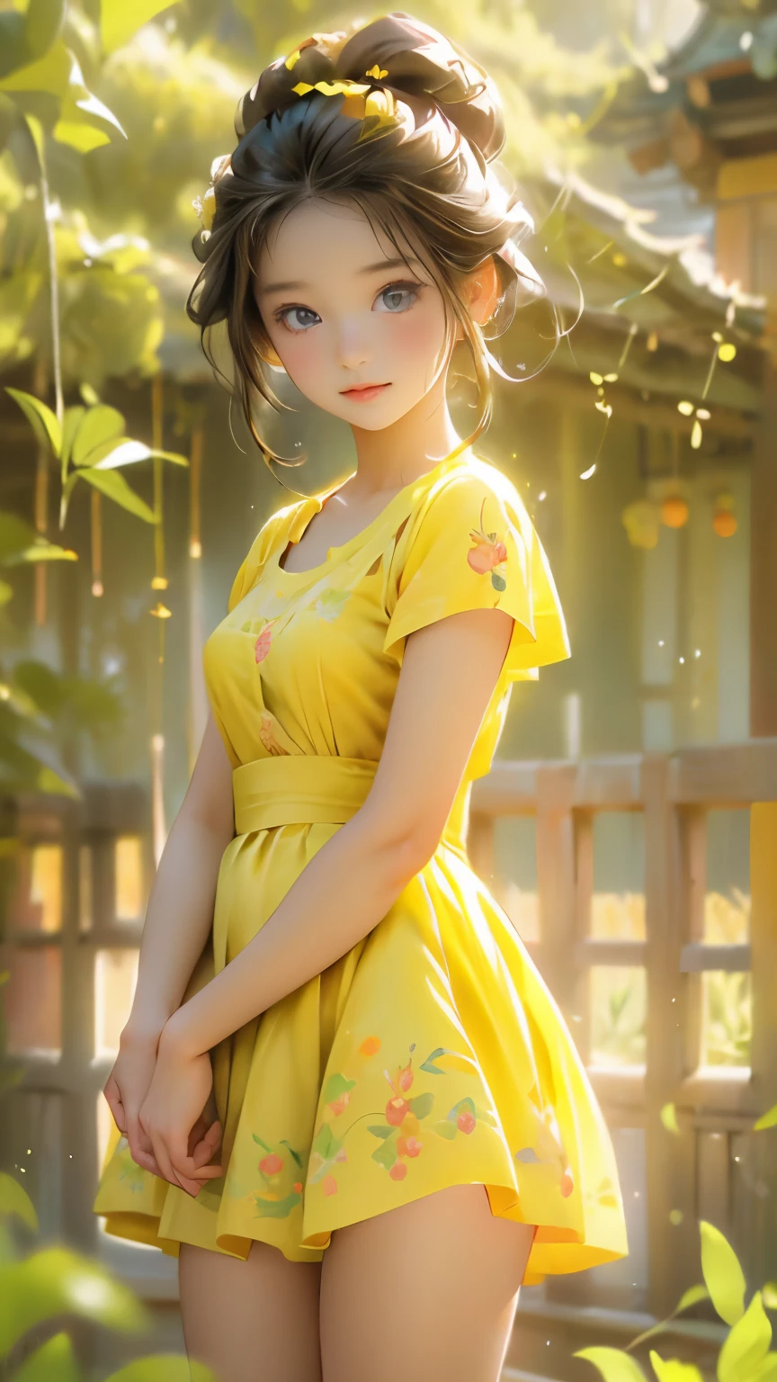 牧草地にいる美しくてかわいい十代の女の子のアニメポートレート写真, 花のような短い黄色の渦巻き模様のドレスを着ています, 魅力的なフェミニンなフォルム, 美しい太もも, 朝の光, ディズニーピクサー