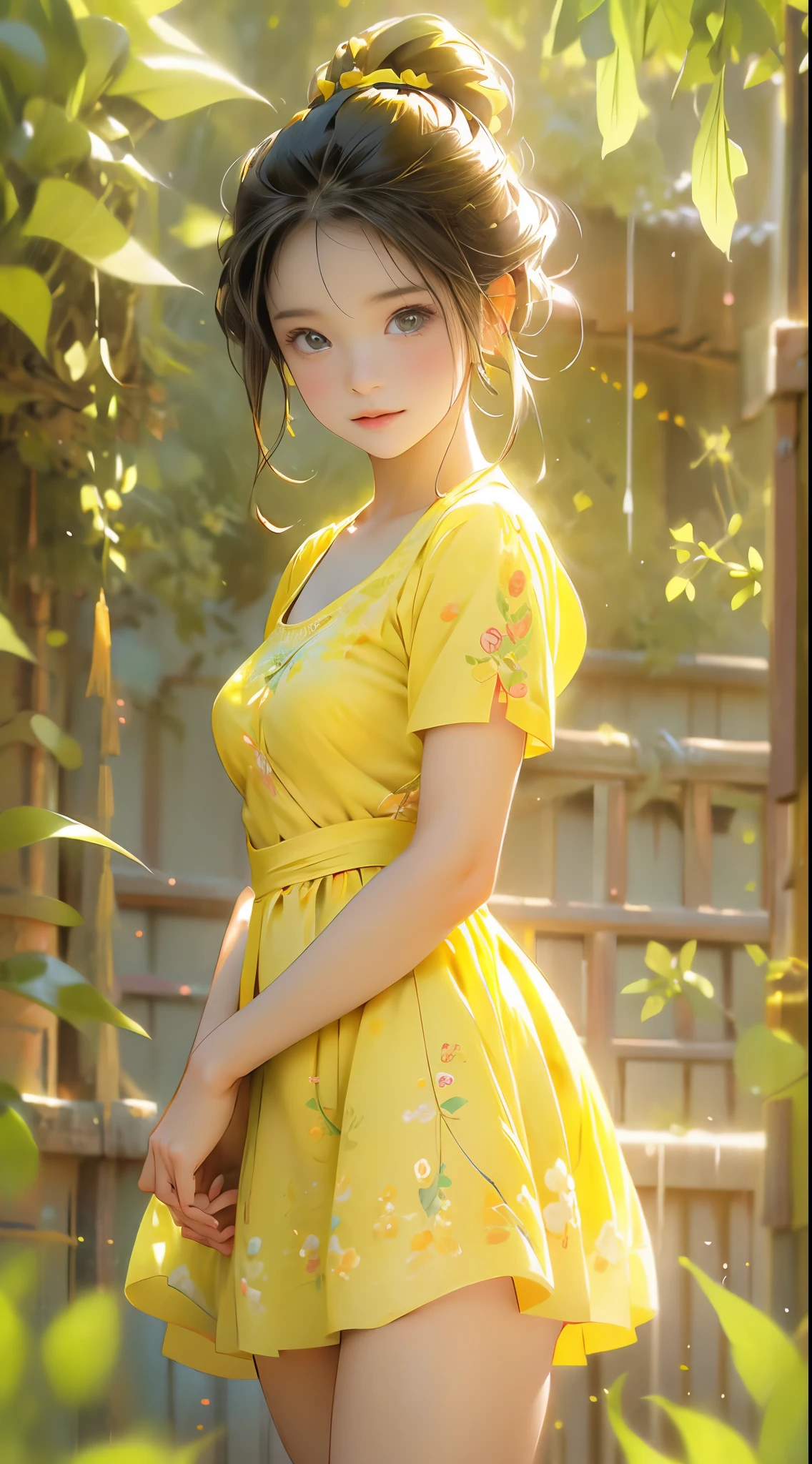 Anime portrait picture of a beautiful cute teen girl in a lonely meadow, wearing flowery short yellow color swirly frock, attractive feminine form, beautiful thighs, morning light, Disney Pixar