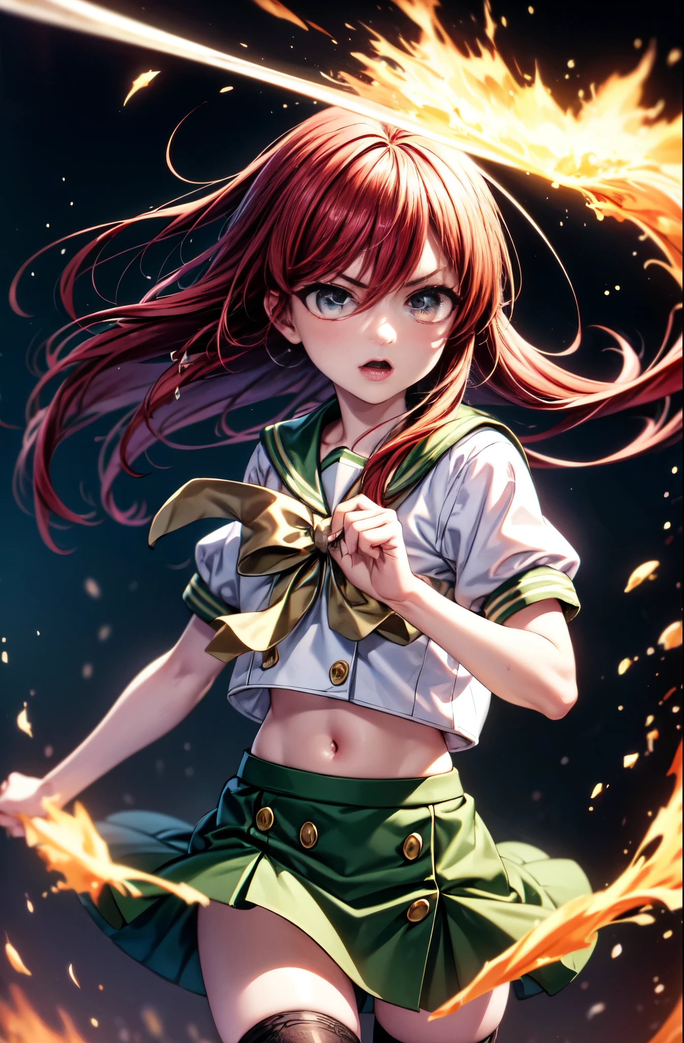 1 girl, cowboy shot, rubble ruins, anger, (battle preparation:1.2), open your mouth, (night:1.2), explosive inflammation,shana, red eyes, redhead, very long hair, hair between eyes, (Ahoge:1.1), , school uniform, serafuku, white shirt, short sleeve, green skirt, Thighhighs, black rider suit,Japanese sword wrapped in flames with both hands 1:have 1, (masterpiece:1.2), highest quality, High resolution, unity 8k wallpaper, (shape:0.8), (beautiful and detailed eyes:1.6), highly detailed face, perfect lighting, Very detailed CG, (perfect hands, perfect anatomy),(cowboy shot:1. 5)