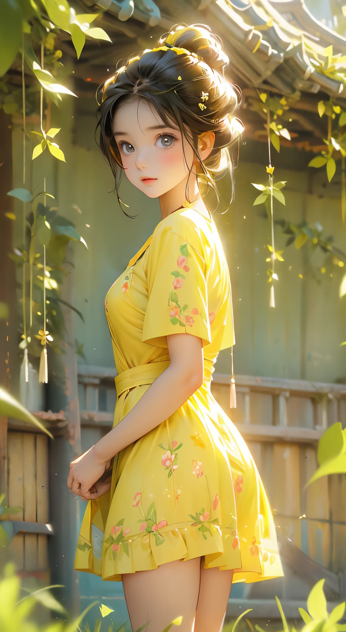 牧草地にいる美しくてかわいい十代の女の子のアニメポートレート写真, 花のような短い黄色の渦巻き模様のドレスを着ています, 魅力的なフェミニンなフォルム, 美しい太もも, 朝の光, ディズニーピクサー