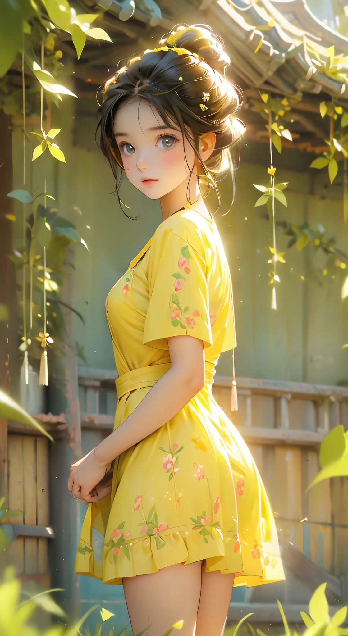 Imagen de anime de una hermosa y linda adolescente en un prado, vistiendo un vestido floral corto y arremolinado de color amarillo, forma femenina atractiva, hermosos muslos, luz de la mañana, pixar