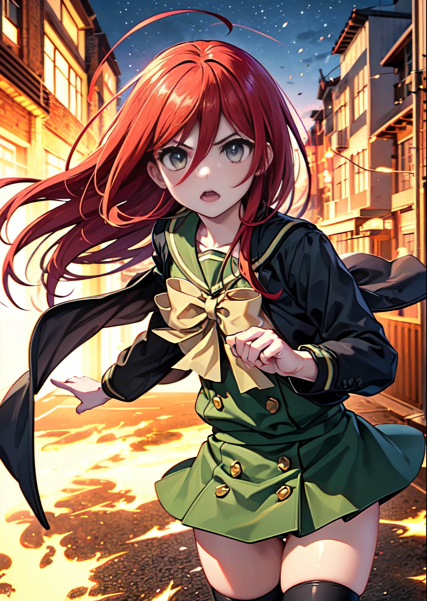 1 girl, cowboy shot, rubble ruins, anger, (battle preparation:1.2), open your mouth, (night:1.2), explosive inflammation,shana, red eyes, redhead, very long hair, hair between eyes, (Ahoge:1.1), , school uniform, serafuku, white shirt, short sleeve, green skirt, Thighhighs, black rider suit,Japanese sword wrapped in flames with both hands 1:have 1, (masterpiece:1.2), highest quality, High resolution, unity 8k wallpaper, (shape:0.8), (beautiful and detailed eyes:1.6), highly detailed face, perfect lighting, Very detailed CG, (perfect hands, perfect anatomy),(cowboy shot:1. 5)