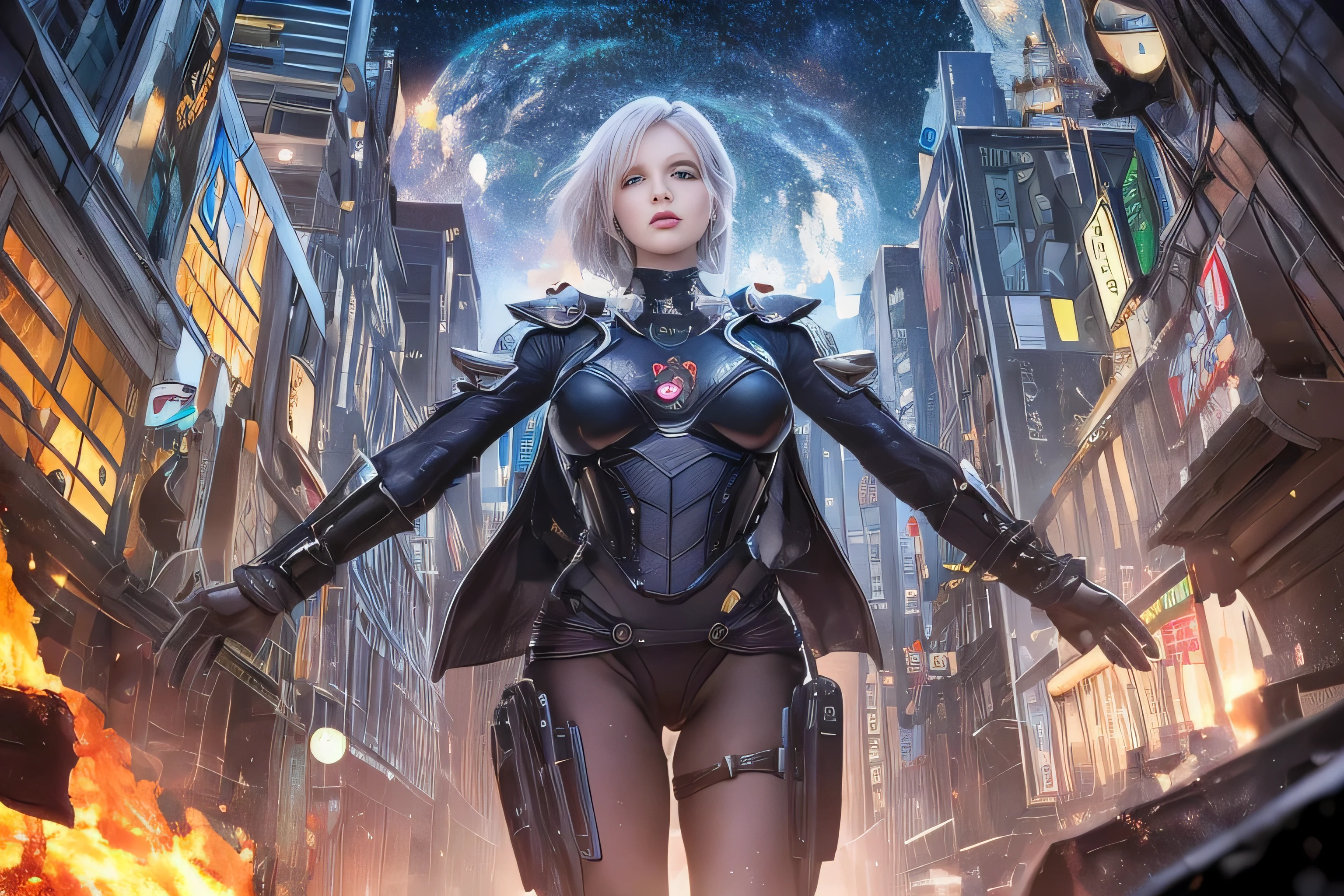 RAW image quality, best image quality, movie lighting, octane rendering, super sharp, 1 girl, Japanese, 16 years old, troubled face, glowing skin, fugitive, running figure, silver hair, short bob hair, Full body white pilot suit:1.3, cyber punk, Night sky with countless stars shining, shining milky way, rain:1.3, Remains, laser beam attack, big explosion:1.3, pillar of fire:1.2, A city engulfed in flames, wet hair:1.5, wet skin:1.5, puddle, fine eyes, Fine skin texture, camel toe, Detailed CG image quality, 8mm fisheye lens, Angle looking up from below:1.2, (whole body angle), Full body soaked, fast shutter speed,