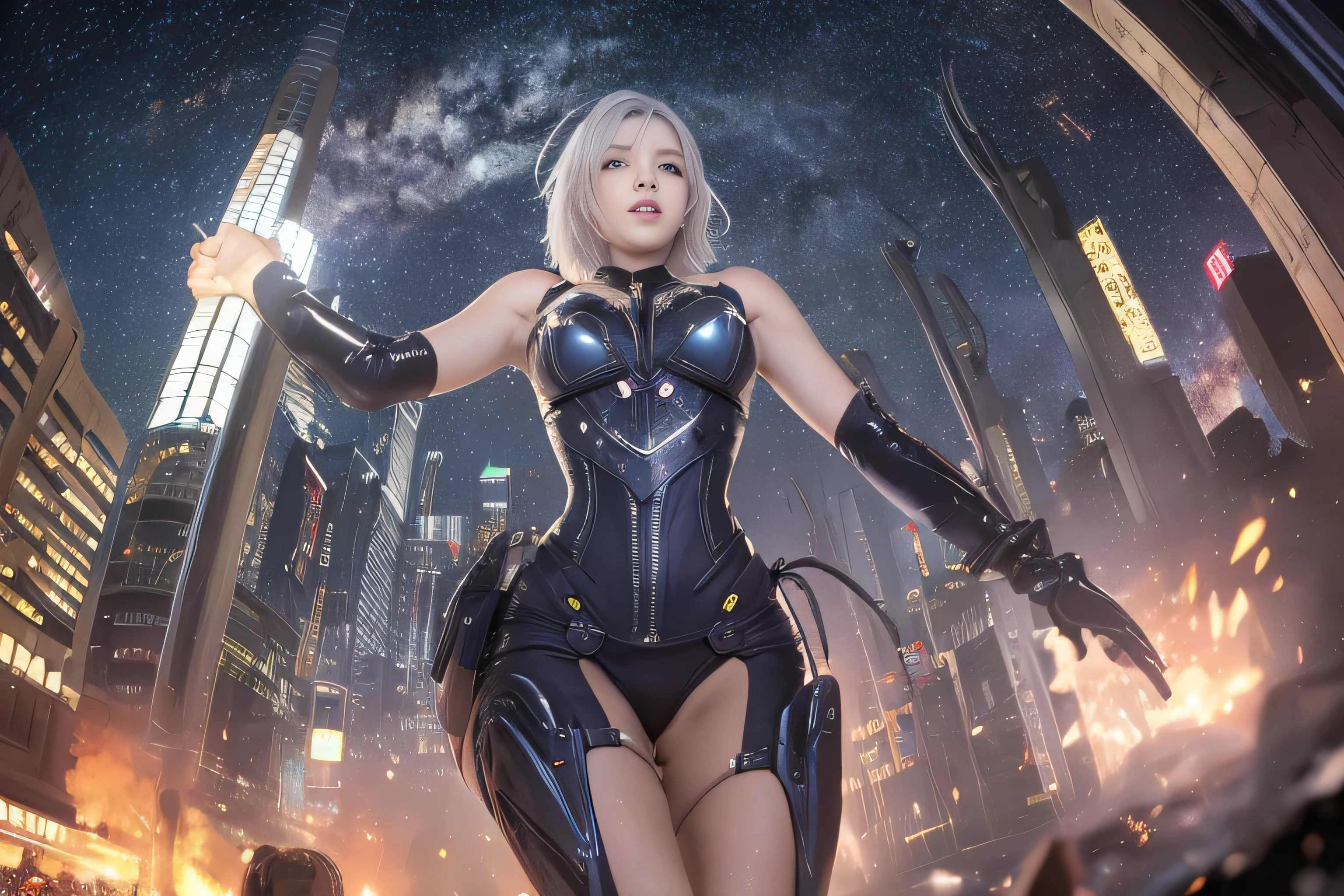 RAW image quality, best image quality, movie lighting, octane rendering, super sharp, 1 girl, Japanese, 16 years old, troubled face, glowing skin, fugitive, running figure, silver hair, short bob hair, Full body white pilot suit:1.3, cyber punk, Night sky with countless stars shining, shining milky way, rain:1.3, Remains, laser beam attack, big explosion:1.3, pillar of fire:1.2, A city engulfed in flames, wet hair:1.5, wet skin:1.5, puddle, fine eyes, Fine skin texture, camel toe, Detailed CG image quality, 8mm fisheye lens, Angle looking up from below:1.2, (whole body angle), Full body soaked, fast shutter speed,