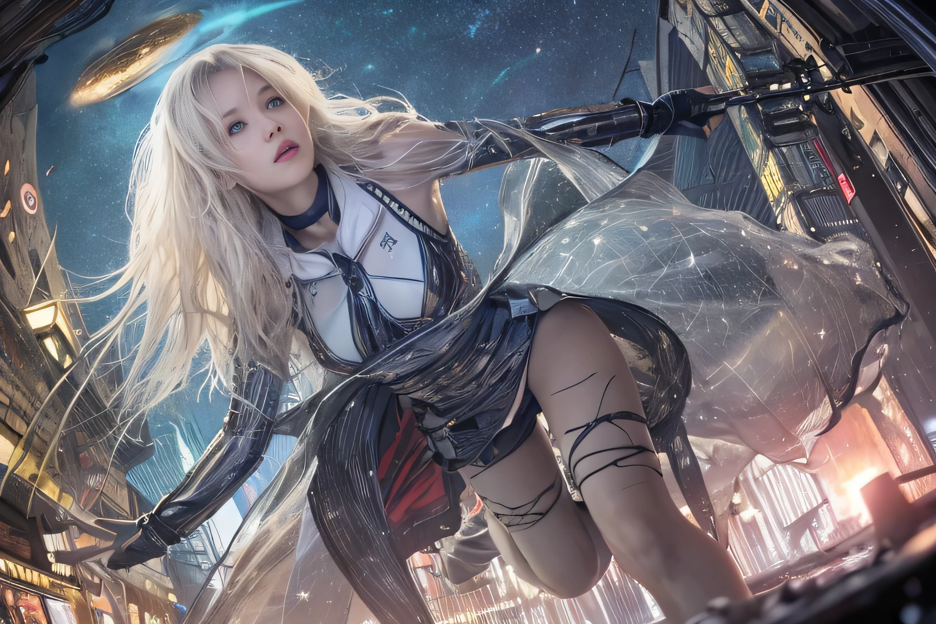 RAW image quality, best image quality, movie lighting, octane rendering, super sharp, 1 girl, Japanese, 16 years old, troubled face, glowing skin, fugitive, running figure, silver hair, short bob hair, Full body white pilot suit:1.3, cyber punk, Night sky with countless stars shining, shining milky way, rain:1.3, Remains, laser beam attack, big explosion:1.3, pillar of fire:1.2, A city engulfed in flames, wet hair:1.5, wet skin:1.5, puddle, fine eyes, Fine skin texture, camel toe, Detailed CG image quality, 8mm fisheye lens, Angle looking up from below:1.2, (whole body angle), Full body soaked, fast shutter speed,