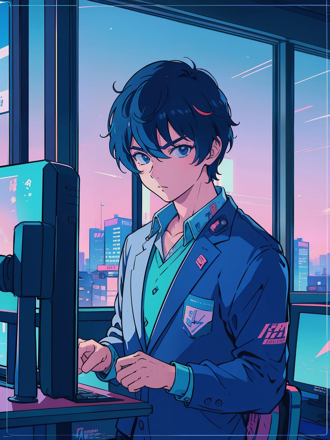 Businessman、Web marketing、 Lofiatostyle, Lofiato, official fan art, portrait of lofi, high quality fan art, Makoto Shinkai ( apex legend ), In 80&#39;s anime art style, digital anime illustration, suit figure, Makoto Shinkai art style, Portrait anime man in his 20s、Upper body、computer