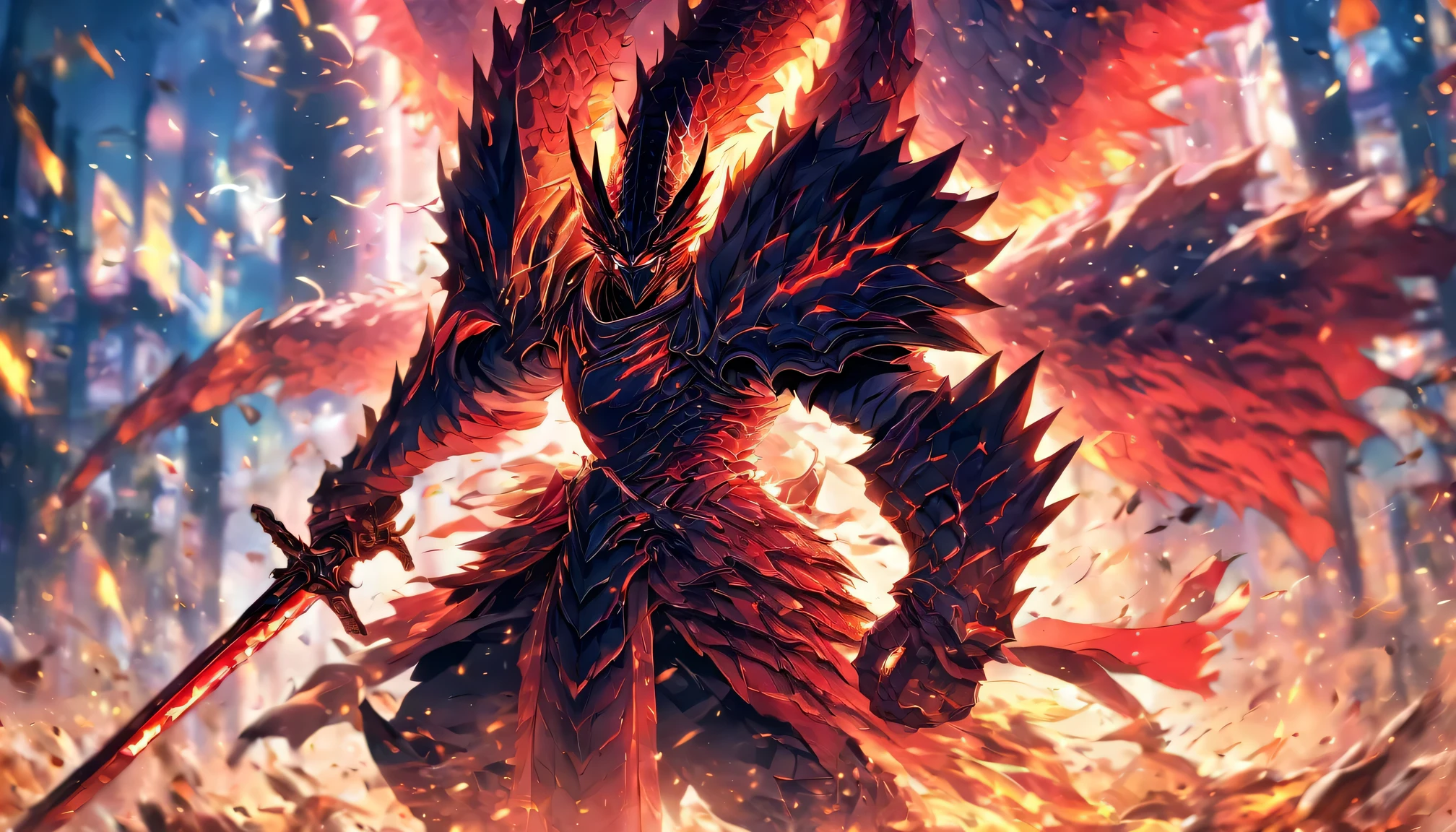 4K,illustration: Un guerrier légendaire tenant une énorme épée, chevalier Dragon, Attaquez avec une énorme épée