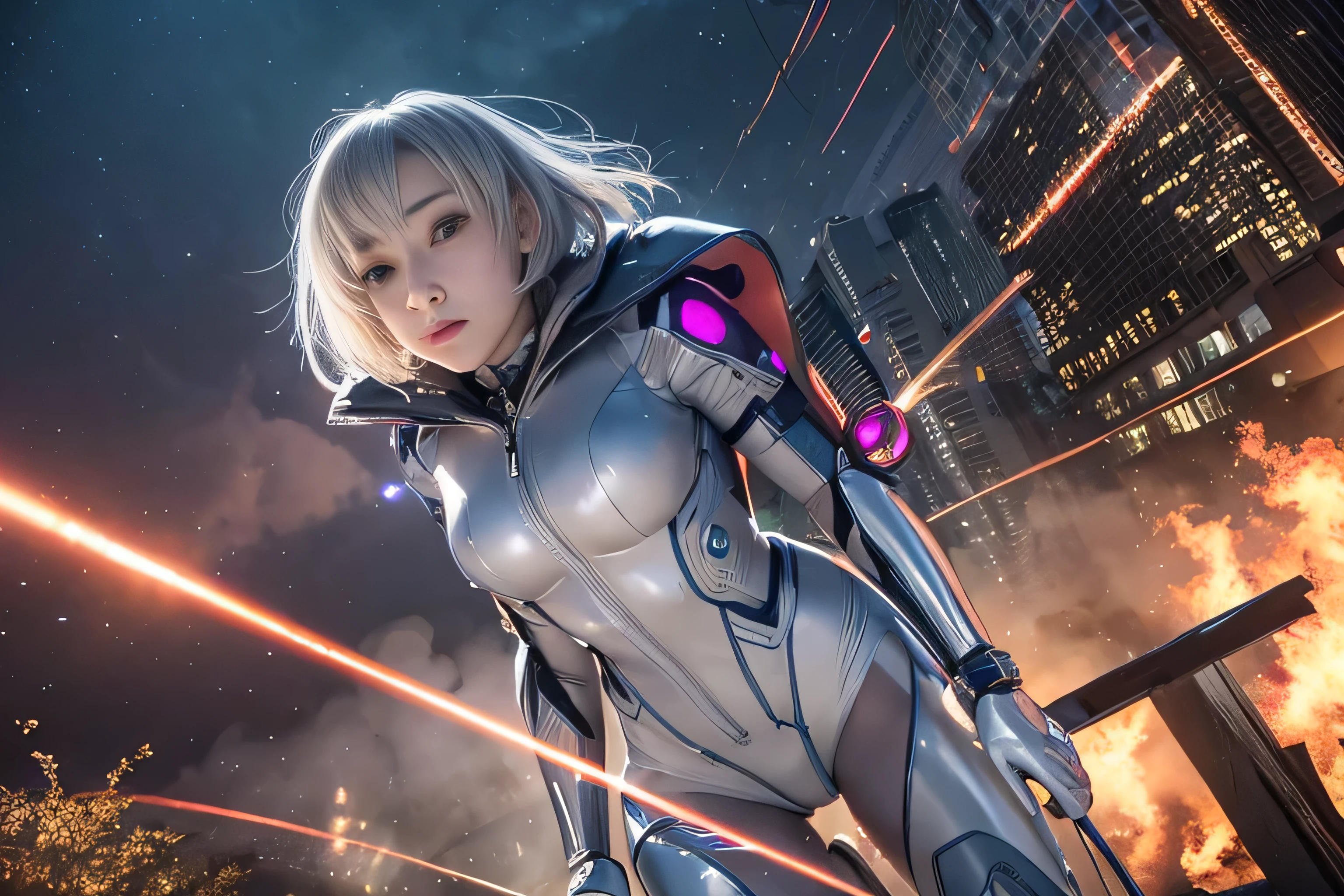 RAW image quality, best image quality, movie lighting, octane rendering, super sharp, 1 girl, Japanese, 16 years old, troubled face, glowing skin, fugitive, (running figure:1.4), silver hair, short bob hair, Full body white pilot suit:1.3, cyber punk, Night sky with countless stars shining, shining milky way, rain:1.3, Remains, laser beam attack, big explosion:1.3, pillar of fire:1.2, A city engulfed in flames, wet hair:1.5, wet skin:1.5, puddle, fine eyes, Fine skin texture, camel toe, Detailed CG image quality, 8mm fisheye lens, Angle looking up from below:1.2, (whole body angle), Full body soaked, fast shutter speed,