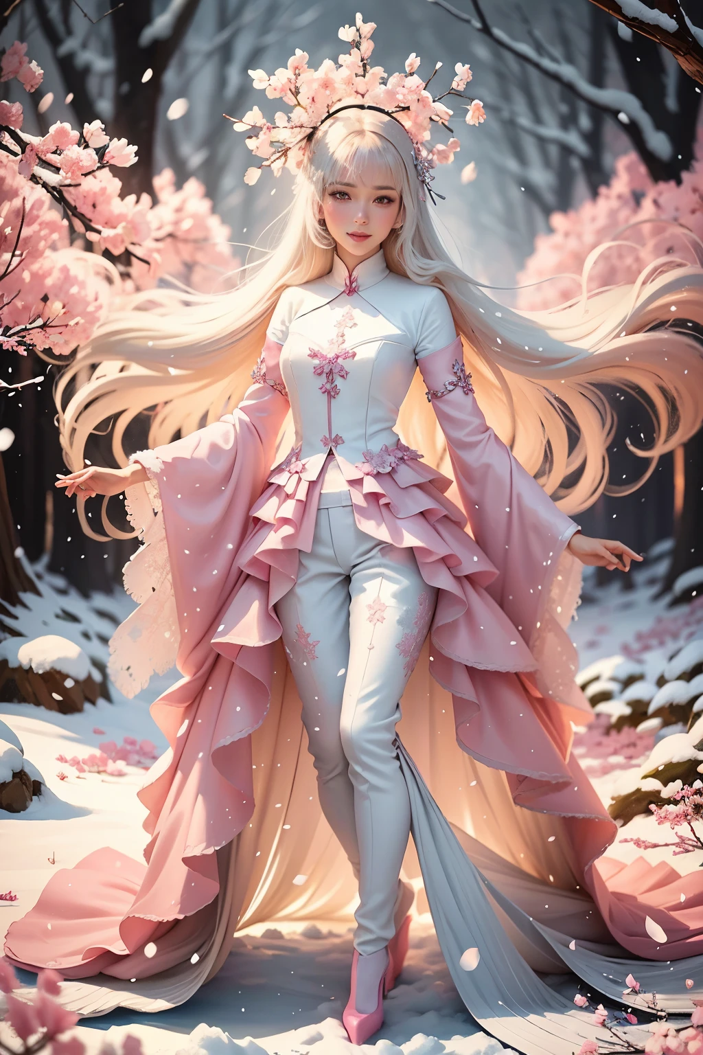 flocons de neige tombant, flocons de neige, neige de l&#39;hiver, chaussures à talons hauts en perles argentées et roses, une illustration numérique peinte avec des pastels doux, a beautiful woman with long blonde hair in flow in a bleu coat suit, pantalon long gris assorti à des bottes à talons hauts roses, souriant, marcher sous les cerisiers denses, décoré, des fleurs de sakura enneigées s&#39;écoulent autour, mise au point douce, silhouettes d&#39;arbres encadrant le paysage, bleu, les couleurs noir et rose se mélangent doucement, effet d&#39;arrière-plan Bokeh, très délicat, éclairage de jante, Vif, tons vibrants, et 8k