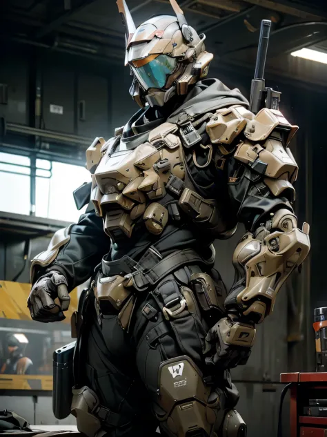 ((masterpiece、highest quality、Super detailed、High resolution、realistic、sharp focus、cinematic lighting))、supple physique、bust shot、ハstomachコントラスト、military black reinforced armor suit、intricate details、軍用フルフェstomachスヘルメット、フルフェstomachスゴーグル、black combat goggle...