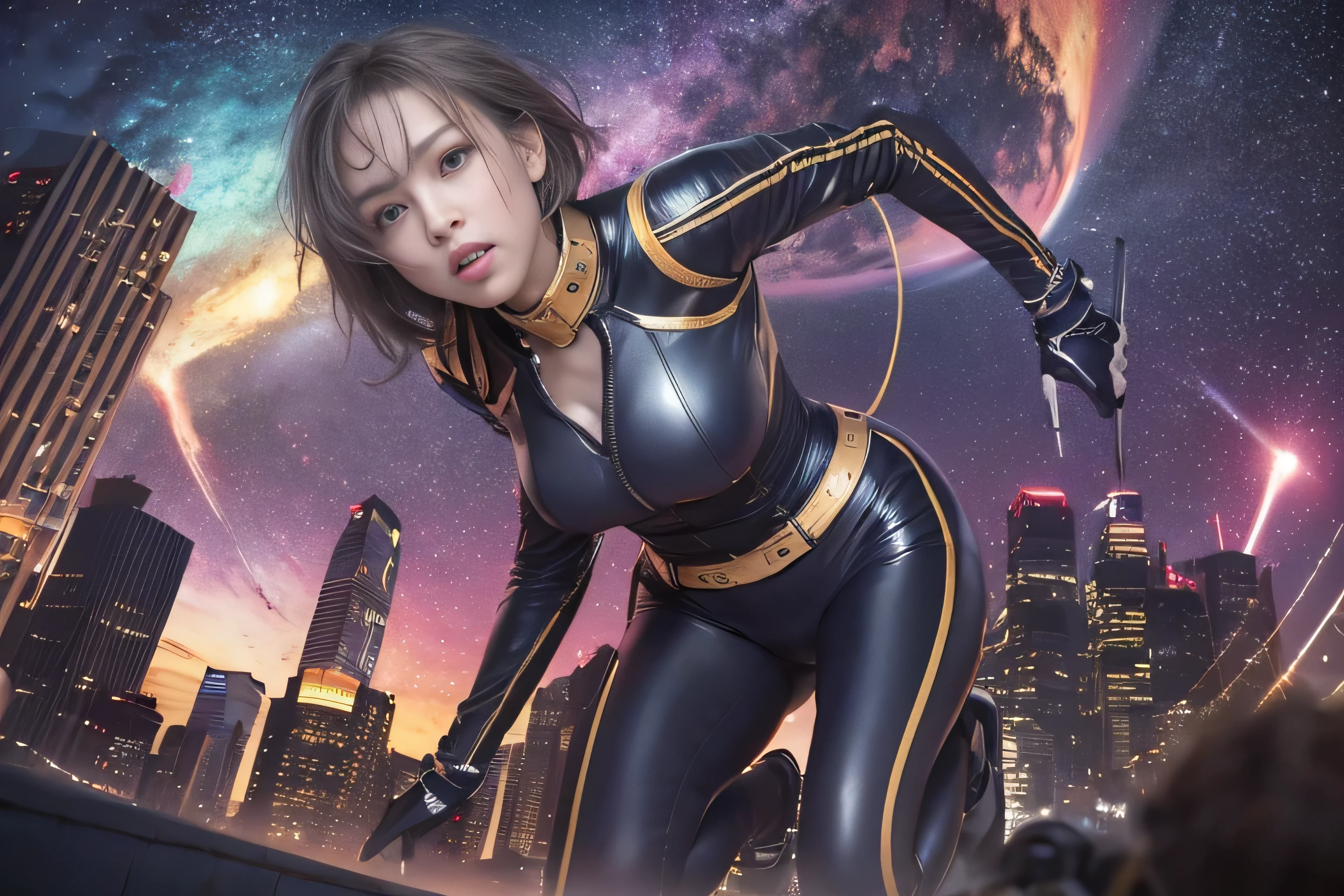 RAW image quality, best image quality, movie lighting, octane rendering, super sharp, 1 girl, Japanese, 16 years old, troubled face, glowing skin, fugitive, (running figure:1.4), silver hair, short bob hair, Full body white pilot suit:1.3, cyber punk, Night sky with countless stars shining, shining milky way, rain:1.3, Remains, laser beam attack, big explosion:1.3, pillar of fire:1.2, A city engulfed in flames, wet hair:1.5, wet skin:1.5, puddle, fine eyes, Fine skin texture, camel toe, Detailed CG image quality, 8mm fisheye lens, Angle looking up from below:1.2, (whole body angle), Full body soaked, fast shutter speed,