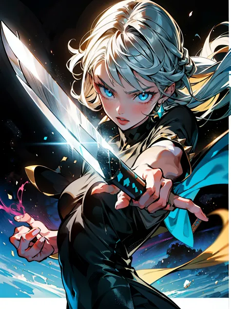 ((movie still)), Demon Slayer anime, (white-haired white-clad anime character) holding a sword in front of a black virtual space...