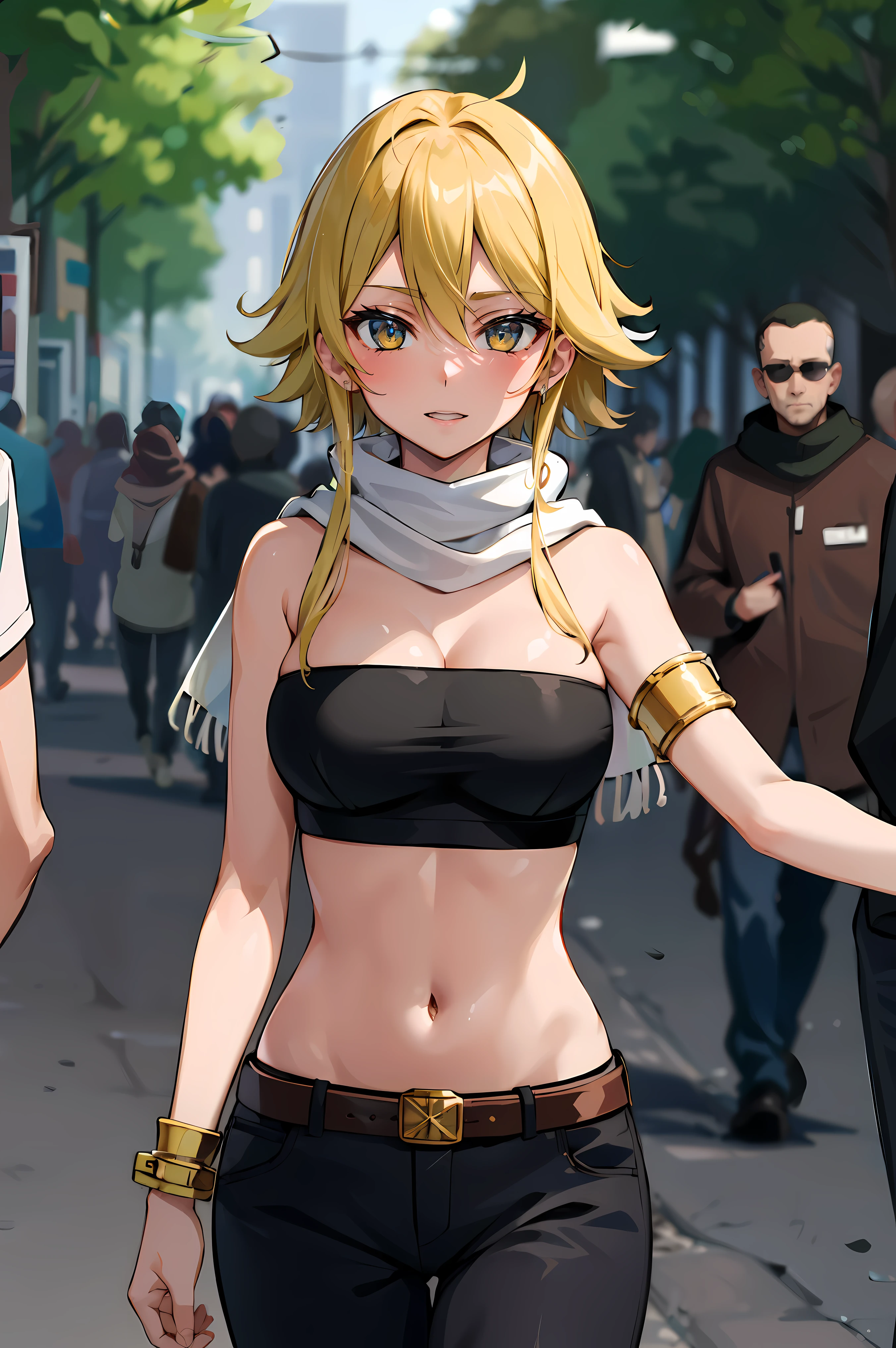 Anime girl with blonde hair and black top walking down the street - SeaArt  AI