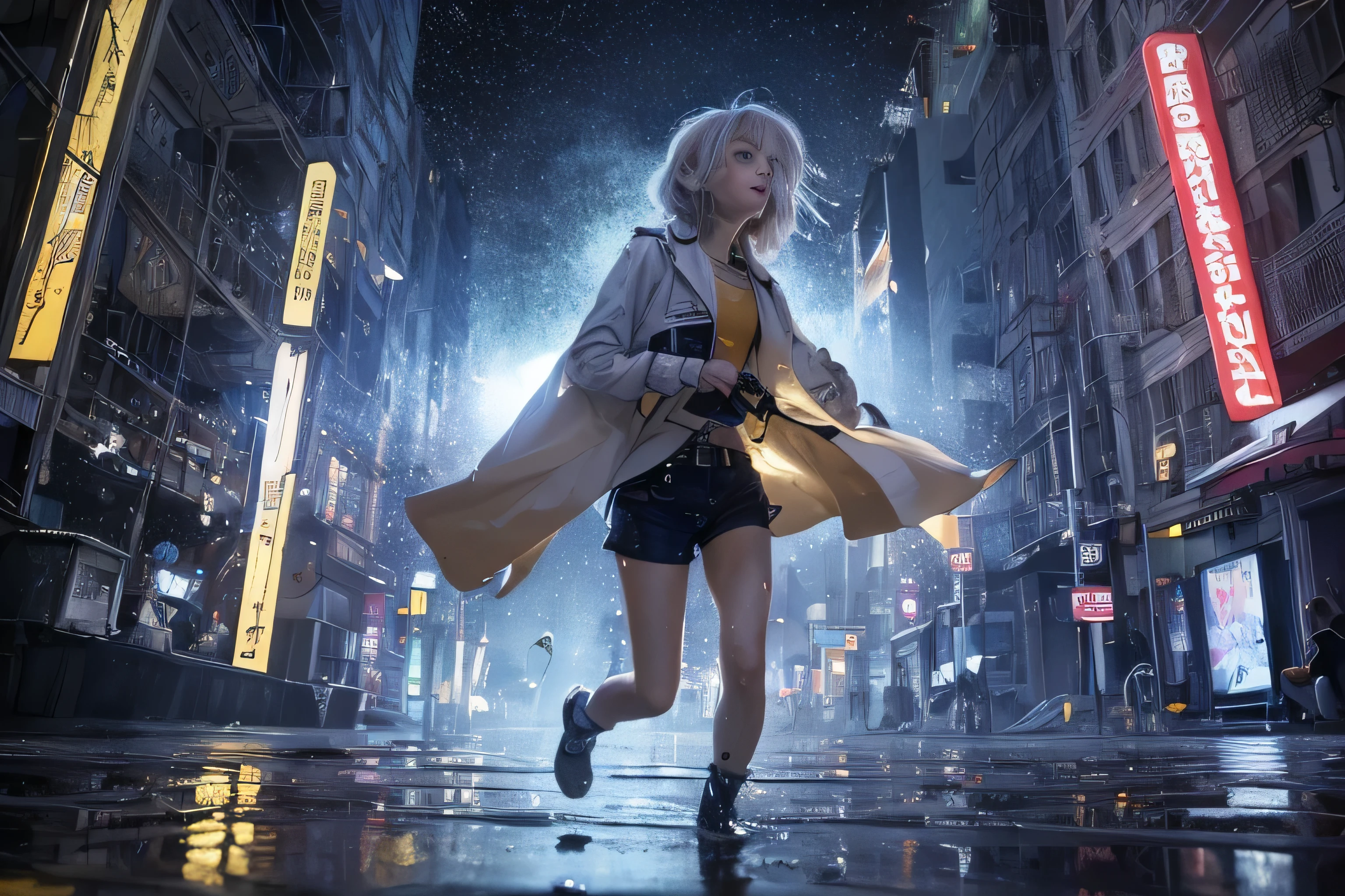 RAW image quality, best image quality, movie lighting, octane rendering, super sharp, 1 girl, Japanese, 16 years old, troubled face, glowing skin, fugitive, running figure, silver hair, short bob hair, Full body white pilot suit:1.3, cyber punk, Night sky with countless stars shining, shining milky way, rain:1.3, Remains, laser beam attack, big explosion:1.3, pillar of fire:1.2, A city engulfed in flames, wet hair:1.5, wet skin:1.5, puddle, fine eyes, Fine skin texture, camel toe, Detailed CG image quality, 8mm fisheye lens, Angle looking up from below:1.2, (whole body angle), Full body soaked, fast shutter speed,