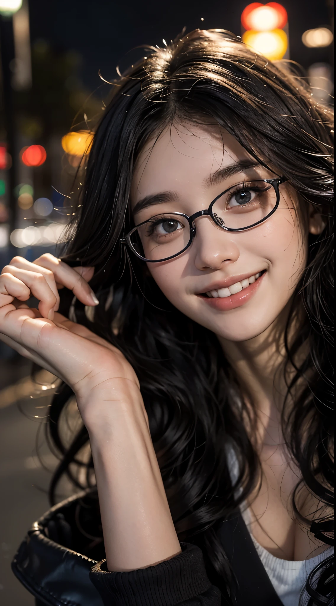可爱的 18 岁,1 名女孩, 東京街,夜晚, 城市景觀,城市的灯光, ((face 關閉 up:1.5)),((微笑時露出潔白的牙齒)),((乌黑长卷发))關閉, 8K, 原始照片, 最好的品質, 傑作,實際的, photo-實際的,黑框眼镜,