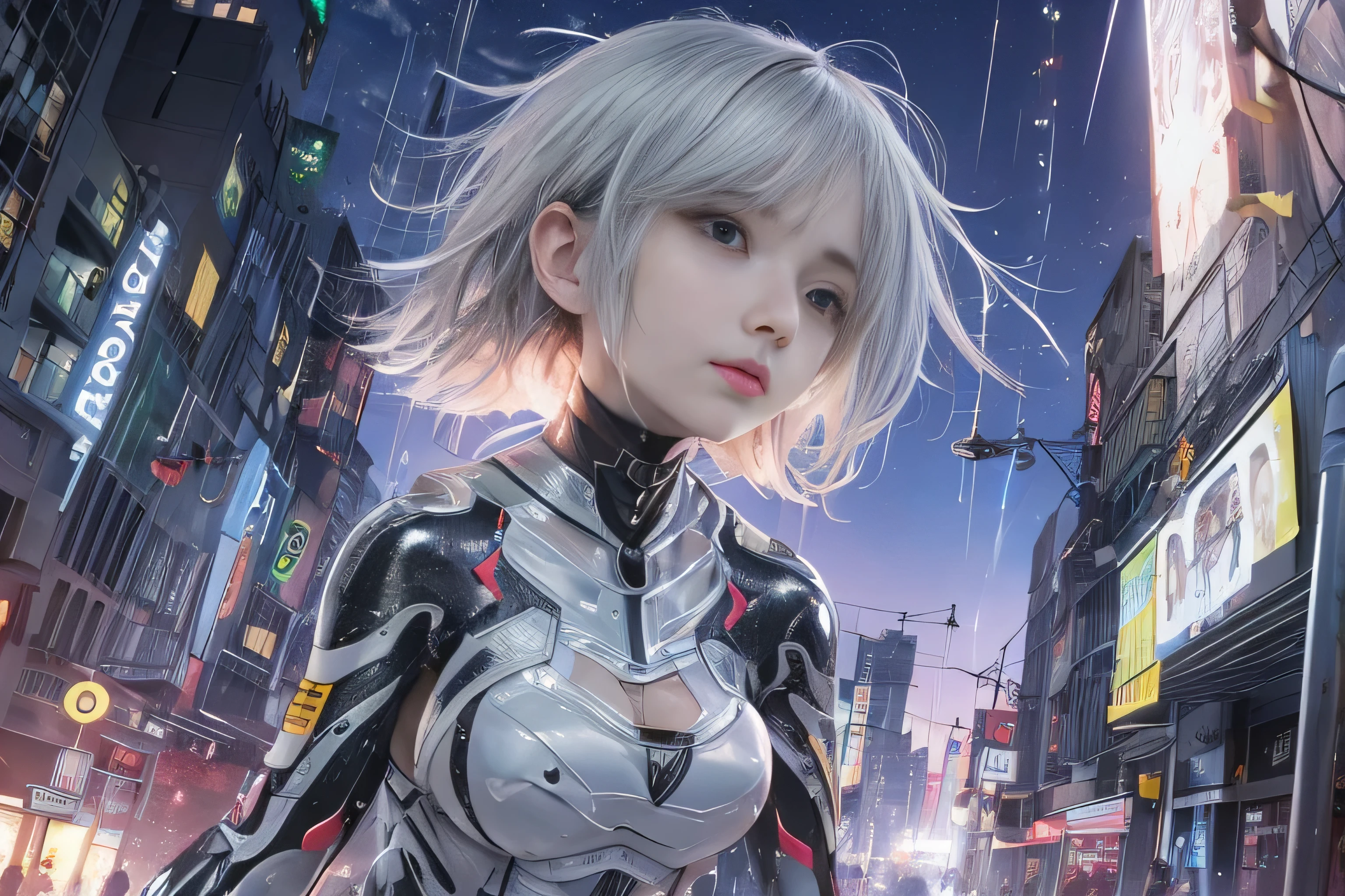 (RAW image quality:1.4), best image quality, movie lighting, octane rendering, super sharp, 1 girl, Japanese, 16 years old, troubled face, glowing skin, fugitive running away, (run as fast as possible), silver hair, short bob hair, Full body white pilot suit:1.3, cyber punk, Night sky with countless stars shining, shining milky way, rain:1.3, Remains, laser beam attack, big explosion:1.3, pillar of fire:1.2, A city engulfed in flames, wet hair:1.5, wet skin:1.5, puddle, fine eyes, Fine skin texture, camel toe, Detailed CG image quality, 8mm fisheye lens, Angle looking up from below:1.2, (whole body angle), Full body soaked, fast shutter speed,