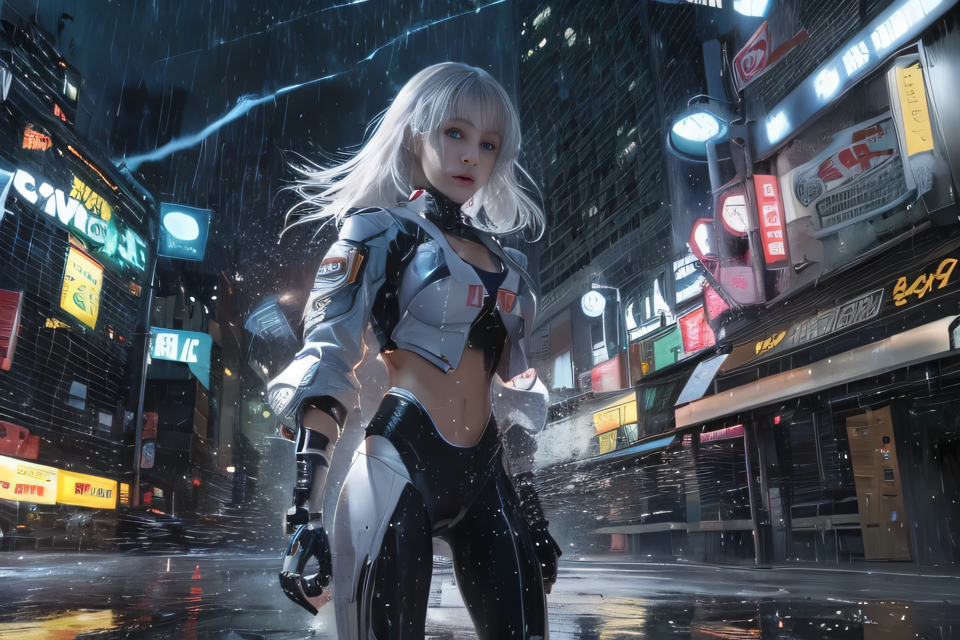 (RAW image quality:1.4), best image quality, movie lighting, octane rendering, super sharp, 1 girl, Japanese, 16 years old, troubled face, glowing skin, fugitive running away, (run as fast as possible), silver hair, short bob hair, Full body white pilot suit:1.3, cyber punk, Night sky with countless stars shining, shining milky way, rain:1.3, Remains, laser beam attack, big explosion:1.3, pillar of fire:1.2, A city engulfed in flames, wet hair:1.5, wet skin:1.5, puddle, fine eyes, Fine skin texture, camel toe, Detailed CG image quality, 8mm fisheye lens, Angle looking up from below:1.2, (whole body angle), Full body soaked, fast shutter speed,