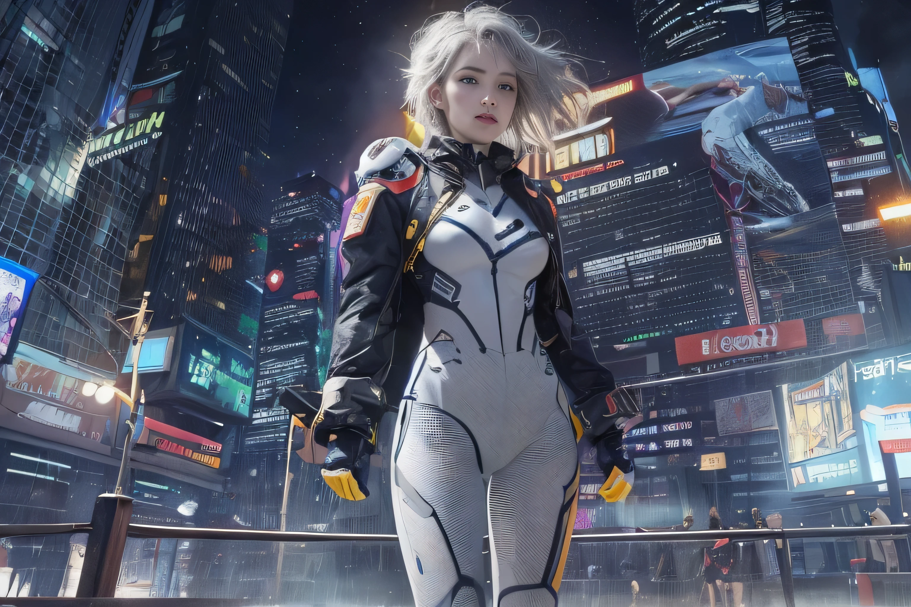 (RAW image quality:1.4), best image quality, movie lighting, octane rendering, super sharp, 1 girl, Japanese, 16 years old, troubled face, glowing skin, fugitive running away, (run as fast as possible), silver hair, short bob hair, Full body white pilot suit:1.3, cyber punk, Night sky with countless stars shining, shining milky way, rain:1.3, Remains, laser beam attack, big explosion:1.3, pillar of fire:1.2, A city engulfed in flames, wet hair:1.5, wet skin:1.5, puddle, fine eyes, Fine skin texture, camel toe, Detailed CG image quality, 8mm fisheye lens, Angle looking up from below:1.2, (whole body angle), Full body soaked, fast shutter speed,