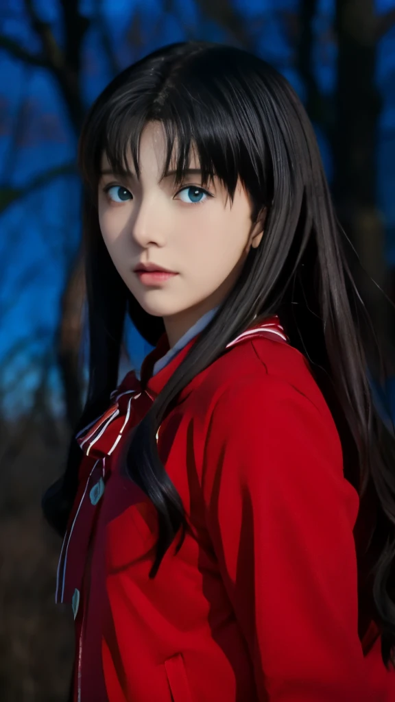 anime girl with long black hair and blue eyes in red coat, rin tohsaka, anime style like fate/stay night, close up iwakura lain, iwakura lain, fate / stay night, reimu hakurei, close up of iwakura lain, fate stay night, close up of lain iwakura, unlimited blade works