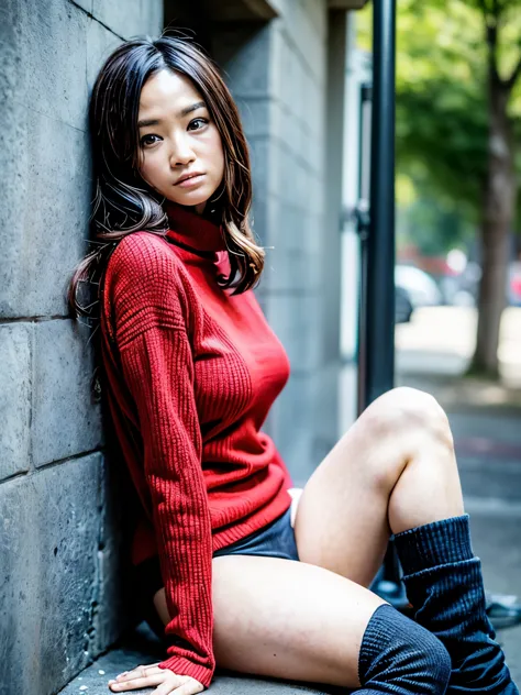 Japanese、Alphafie woman sitting on a fence wearing a red sweater and black boots, 34 year old female, wearing a red turtleneck s...