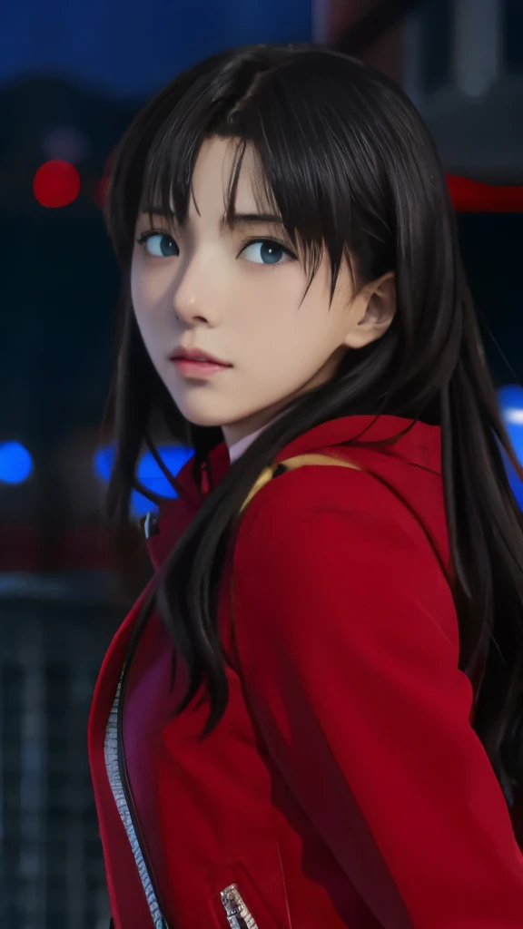 anime girl with long black hair and blue eyes in red coat, rin tohsaka, anime style like fate/stay night, close up iwakura lain, iwakura lain, fate / stay night, reimu hakurei, close up of iwakura lain, fate stay night, close up of lain iwakura, unlimited blade works