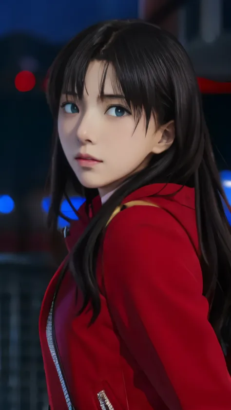 anime girl with long black hair and blue eyes in red coat, rin tohsaka, anime style like fate/stay night, close up iwakura lain,...