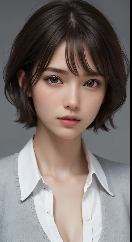 (photograph:1.2)、(photorealistic:1.3)、(masterpiece:1.3)、(Highest image quality:1.4)、ultra high resolution、(detailed eyes)、(detailed facial features)、(Detailed garment features)、8K resolution、solo focus、30 year old mature woman、small face、no makeup、Detailed beautiful eyes、bangs、dark brown hair、short cut hair、(realistic skin)、beautiful skin、charming、ultra high resolution、Super realistic、High definition、Camisa branca aberta,middlebre、small breasts、bust B cup、small breasts、cool beauty、Gray background、