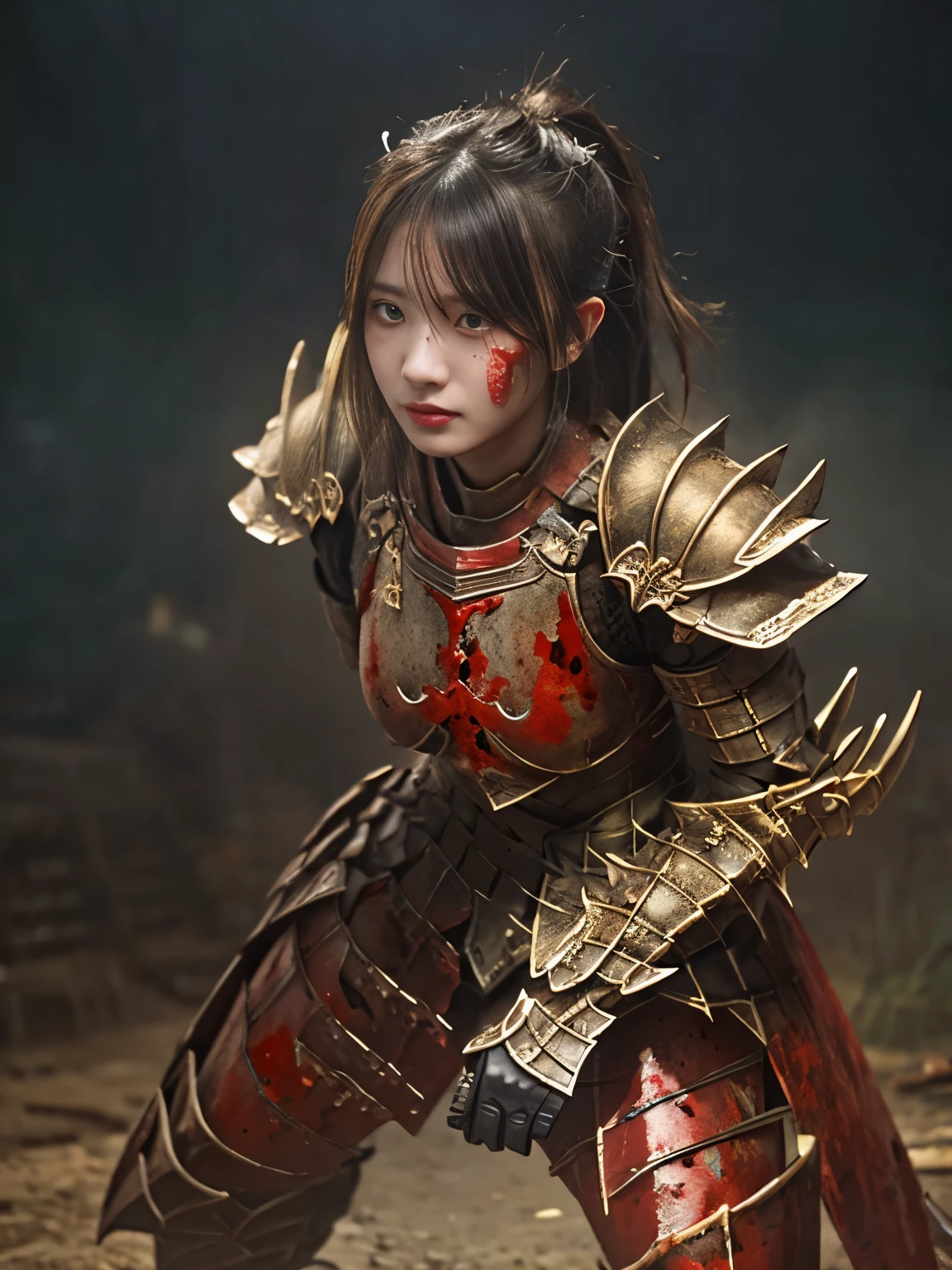 (((high-detail, ​masterpiece, Attention to detail, realistic, beautiful, full body photograph))), perfect studio lightning, 18 years old, delightful face,  ideal body, virgin, long smooth straight hair, tied behind, large breast, random pose, random expression, wearing japan heavy armor, golden armor, full body armor, Unreal Engine Art Trend, holding katana, attack stance, sweating, bloodstained face, bloodstainder armor, bloodbath, fire everywhere, epic battle background, battleground, no helmet, war zone, war 