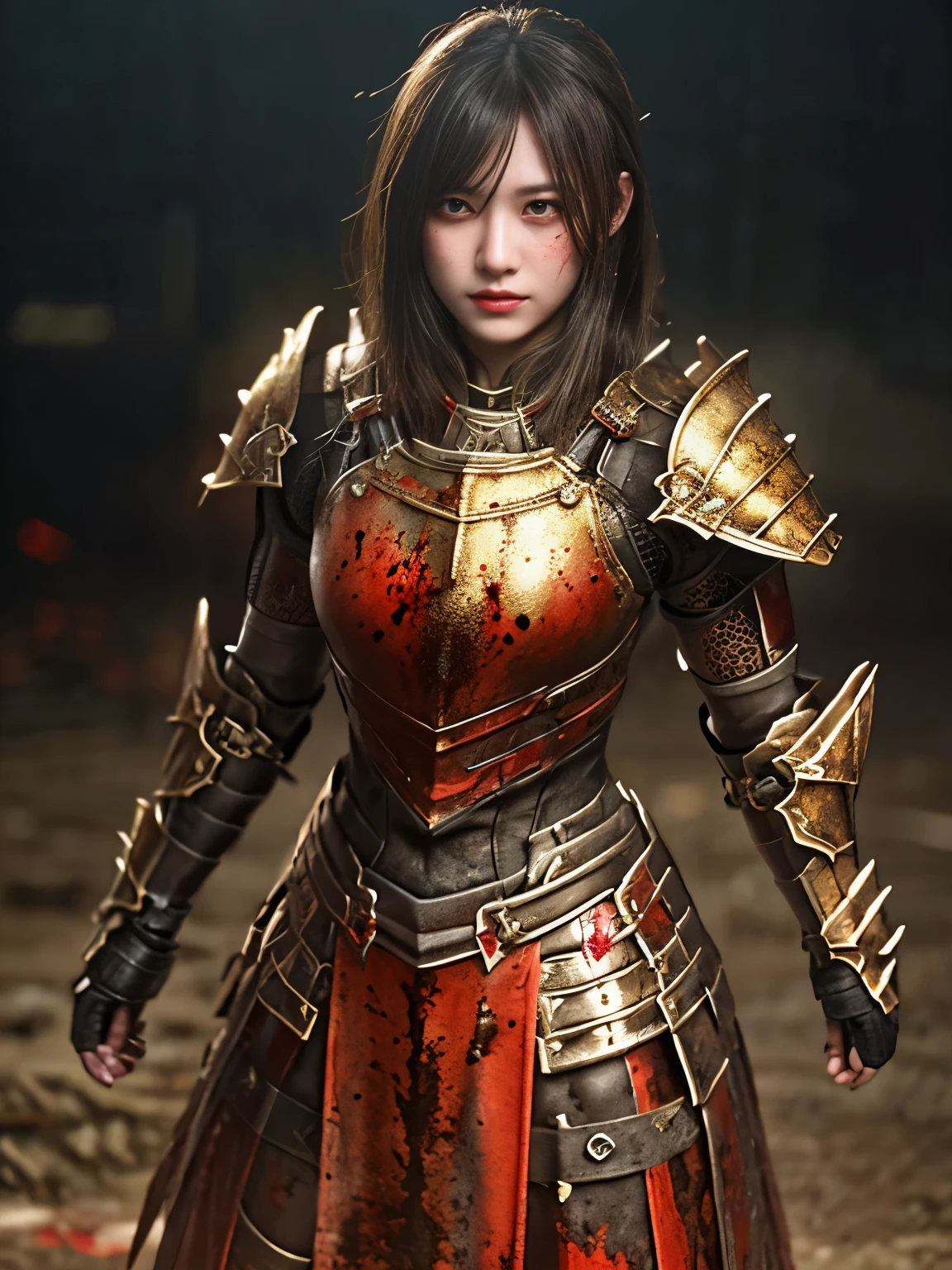 (((high-detail, ​masterpiece, Attention to detail, realistic, beautiful, full body photograph))), perfect studio lightning, 18 years old, delightful face,  ideal body, virgin, long smooth straight hair, tied behind, large breast, random pose, random expression, wearing japan heavy armor, golden armor, full body armor, Unreal Engine Art Trend, swinging katana, attack stance, sweating, bloodstained face, bloodstainder armor, bloodbath, fire everywhere, epic battle background, battleground, no helmet, war zone, war 