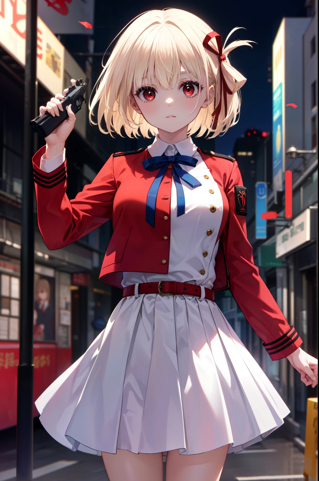 chisatonishikigi, nishikigi chisato, short hair, bangs, blonde hair, (red eyes:1.5), hair ribbon, one side up, bob cut,
break shirt, long sleeve, dress, ribbon, white shirt, collared shirt, belt, neck ribbon, red dress, blue ribbon, pleated dress, grey dress, two-tone dress, red belt, uniform liquor,hand gun(H&K USP)hold with both hands,
break outdoors, city,
break looking at viewer, (cowboy shot:1.5),
break (masterpiece:1.2), highest quality, High resolution, unity 8k wallpaper, (figure:0.8), (detailed and beautiful eyes:1.6), highly detailed face, perfect lighting, Very detailed CG, (perfect hands, perfect anatomy),