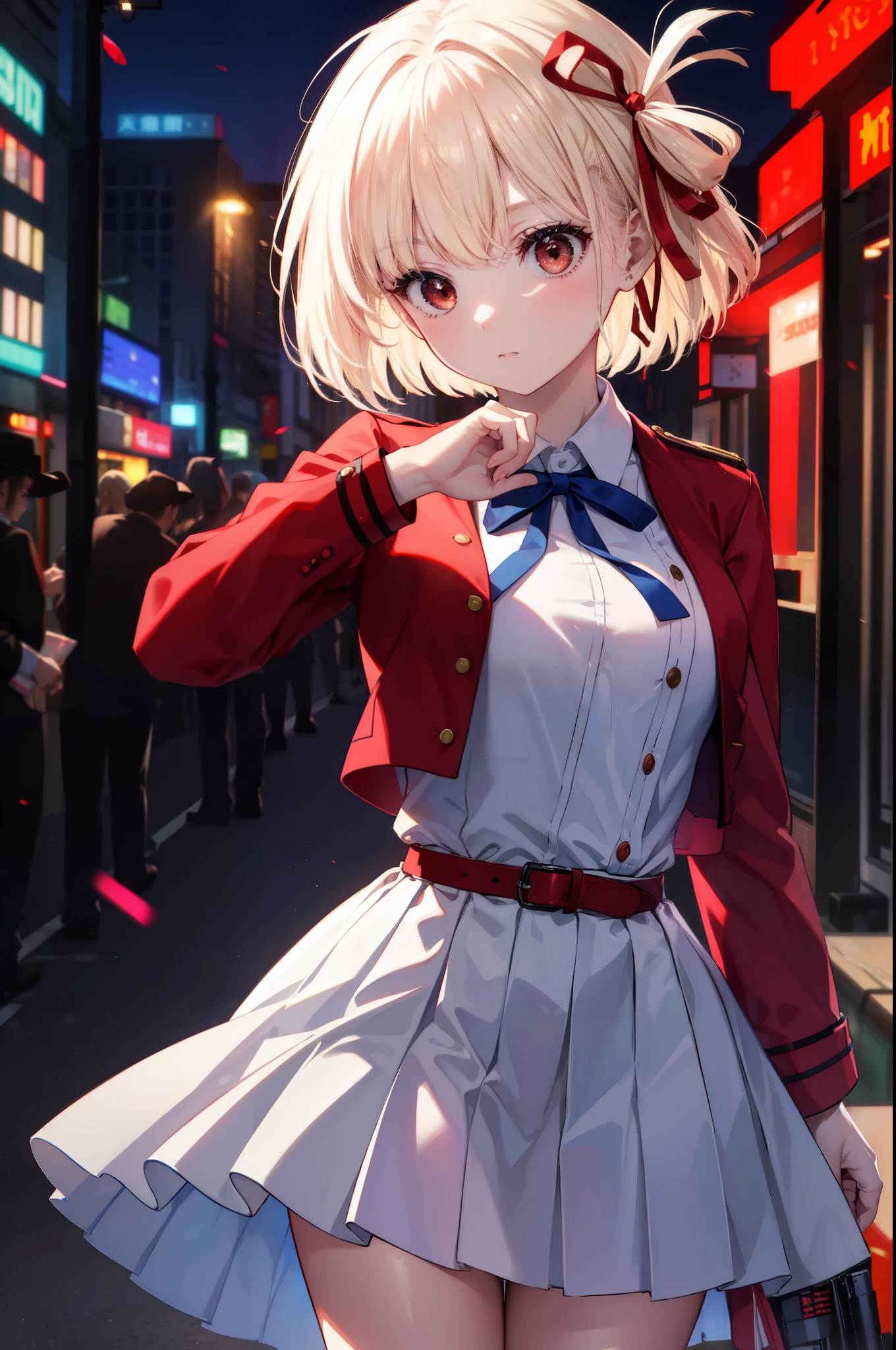 chisatonishikigi, nishikigi chisato, short hair, bangs, blonde hair, (red eyes:1.5), hair ribbon, one side up, bob cut,
break shirt, long sleeve, dress, ribbon, white shirt, collared shirt, belt, neck ribbon, red dress, blue ribbon, pleated dress, grey dress, two-tone dress, red belt, uniform liquor,hand gun(H&K USP)hold with both hands,
break outdoors, city,
break looking at viewer, (cowboy shot:1.5),
break (masterpiece:1.2), highest quality, High resolution, unity 8k wallpaper, (figure:0.8), (detailed and beautiful eyes:1.6), highly detailed face, perfect lighting, Very detailed CG, (perfect hands, perfect anatomy),