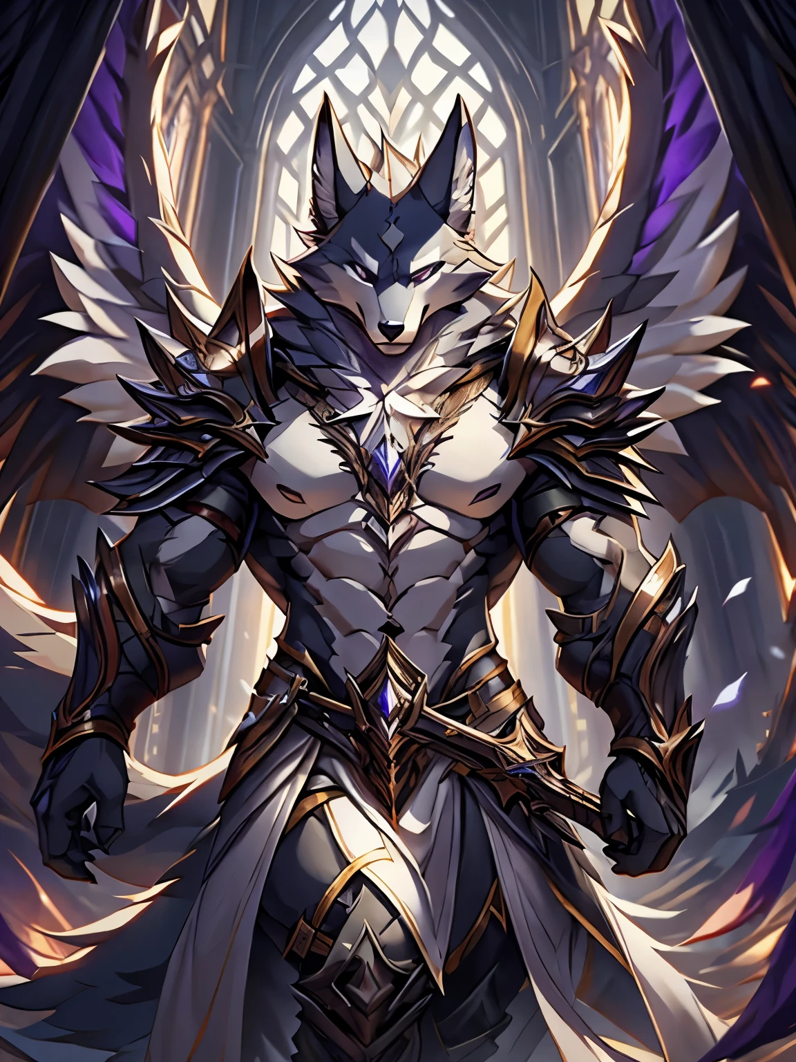 male, furry, Wolf anthro, solo, white fur, silver eyes, (Realistic eye details 1.2), assassin, V0id3nergy, purple dagger, Loong, Masterpiece, dramatic lighting, soft lighting, day, highly detail, Hair coiled, epic fantasy art style, epic fantasy digital art style, anatomically correct, accurate, UHD, 1080P