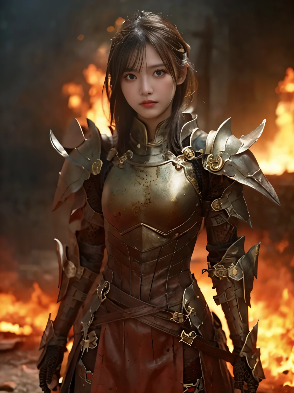 (((high-detail, ​masterpiece, Attention to detail, realistic, beautiful, full body photograph))), perfect studio lightning, 18 years old, delightful face,  ideal body, virgin, long smooth straight hair, tied behind, large breast, random pose, random expression, wearing japan heavy armor, golden armor, full body armor, Unreal Engine Art Trend, swinging japan sword, attacking, sweating, bloodstained face, bloodstainder armor, bloodbath, fire everywhere, epic battle background, battleground, carnage, war zone, no helmet,