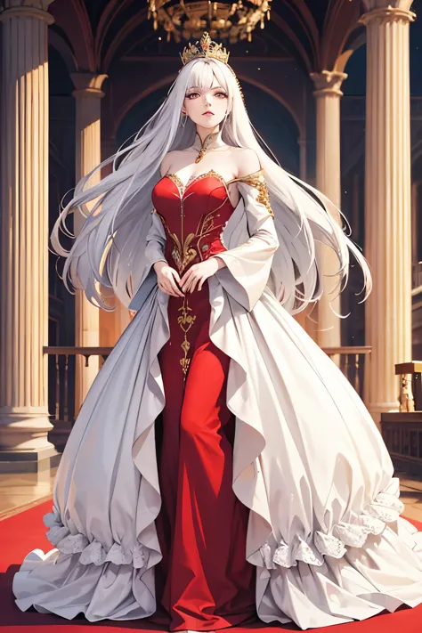 (absurd, high resolution), (panorama), full-body, a woman, mature, beautiful, tall, queen's dress, red complex, exquisite, golde...