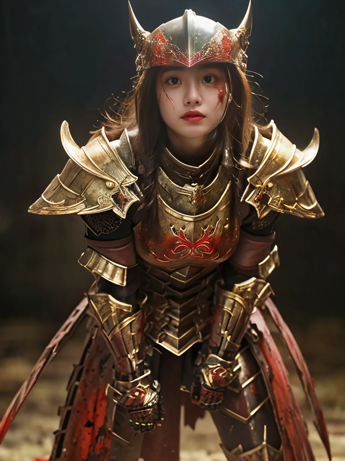 (((high-detail, ​masterpiece, Attention to detail, realistic, beautiful, full body photograph))), perfect studio lightning, 18 years old, delightful face,  ideal body, virgin, long smooth straight hair, tied behind, large breast, random pose, random expression, wearing japan heavy armor, golden armor, full body armor, Unreal Engine Art Trend, swinging japan sword, attacking pose, sweating, bloodstained face, bloodstainder armor, bloodbath, fire everywhere, epic battle background, battleground, carnage, war zone, no helmet,