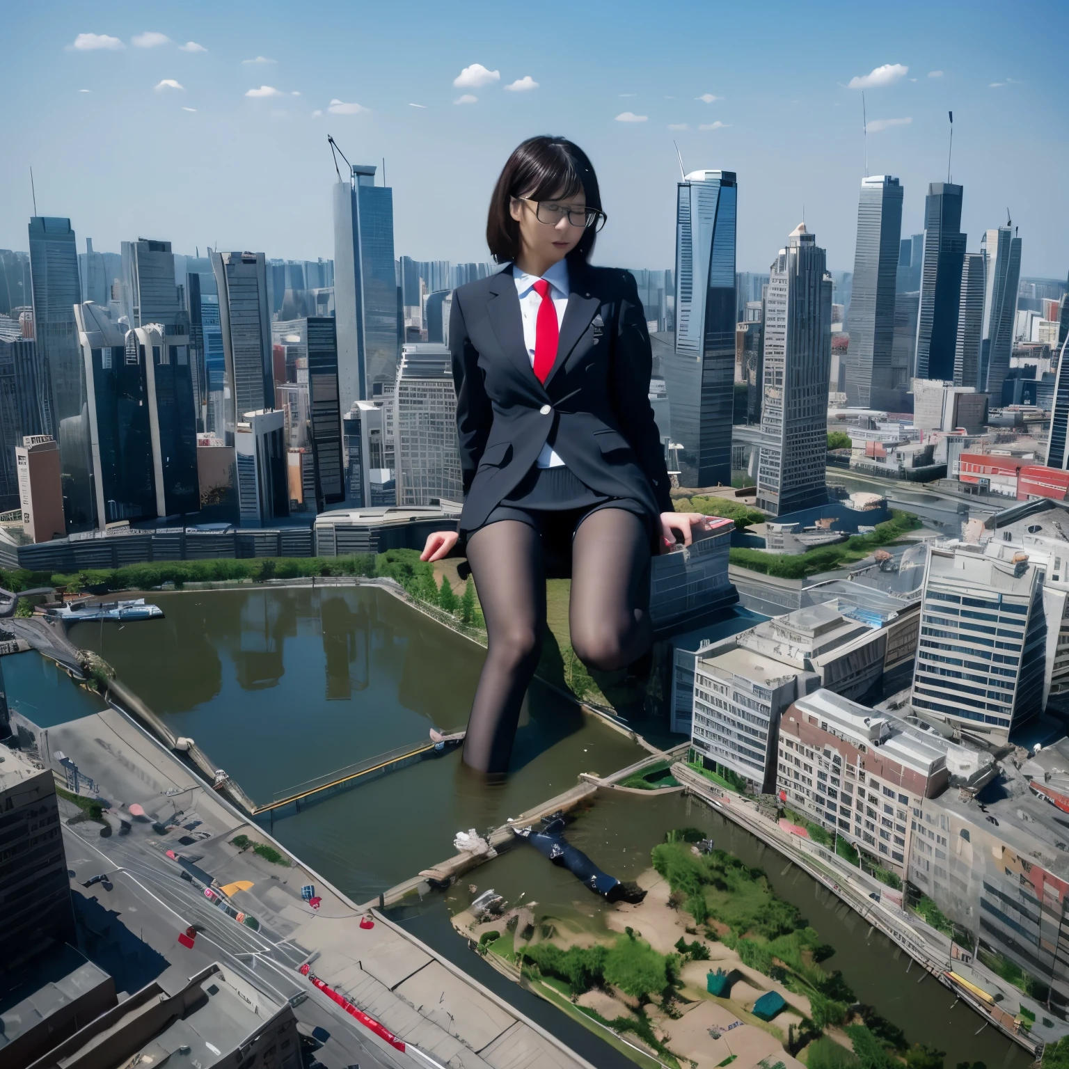 multiple girls, giantess art, a hyperrealistic , , highly detailed giantess shot, der riese, Shorthair, black pantyhose, A huge high school girl that is much bigger than a skyscraper。wearing rimless glasses。huge tit。Navy blue blazer、Red tie、Mini Length Skirt、black pantyhose、I don't wear shoes.。very small metropoliiniature metropolis。In a miniature metropolis that is only feet tall.、standing and urinating。torrent of urine。The city is drowning in a sea of urine。Small trains and cars are being washed away by urine.。Full body depiction。gts, giantess, black pantyhose, pantyhose feet, pantyhose foot, ,stomping city,crash city,tiny city,micro city, peeing,