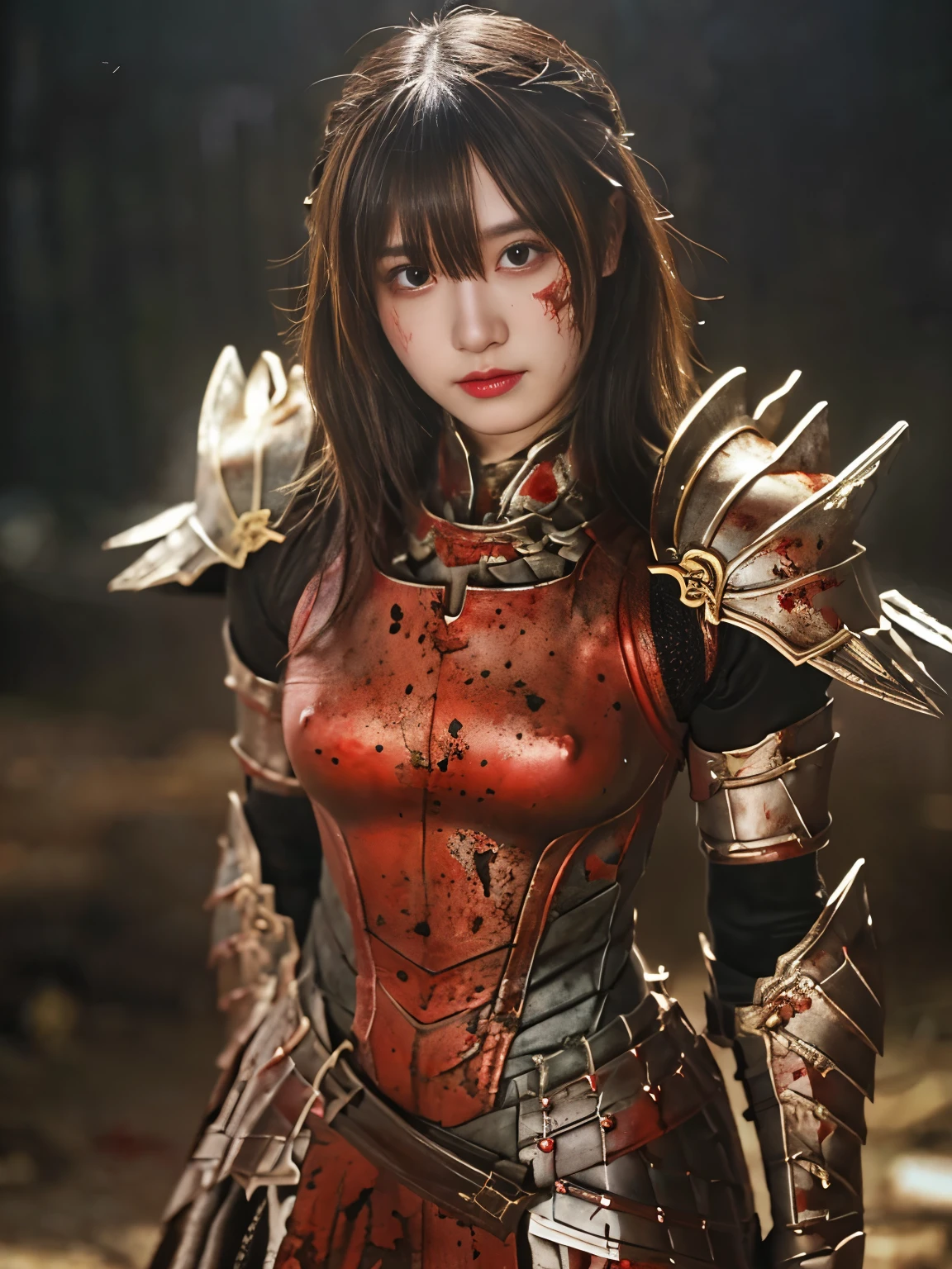 (((high-detail, ​masterpiece, Attention to detail, realistic, beautiful, full body photograph))), perfect studio lightning, 18 years old, delightful face,  ideal body, virgin, long smooth straight hair, tied behind, large breast, random pose, random expression, wearing japan heavy armor, golden armor, full body armor, Unreal Engine Art Trend, swinging japan sword, attacking pose, sweating, bloodstained face, bloodstainder armor, bloodbath, fire everywhere, epic battle background, battleground, carnage, war zone, no helmet,
