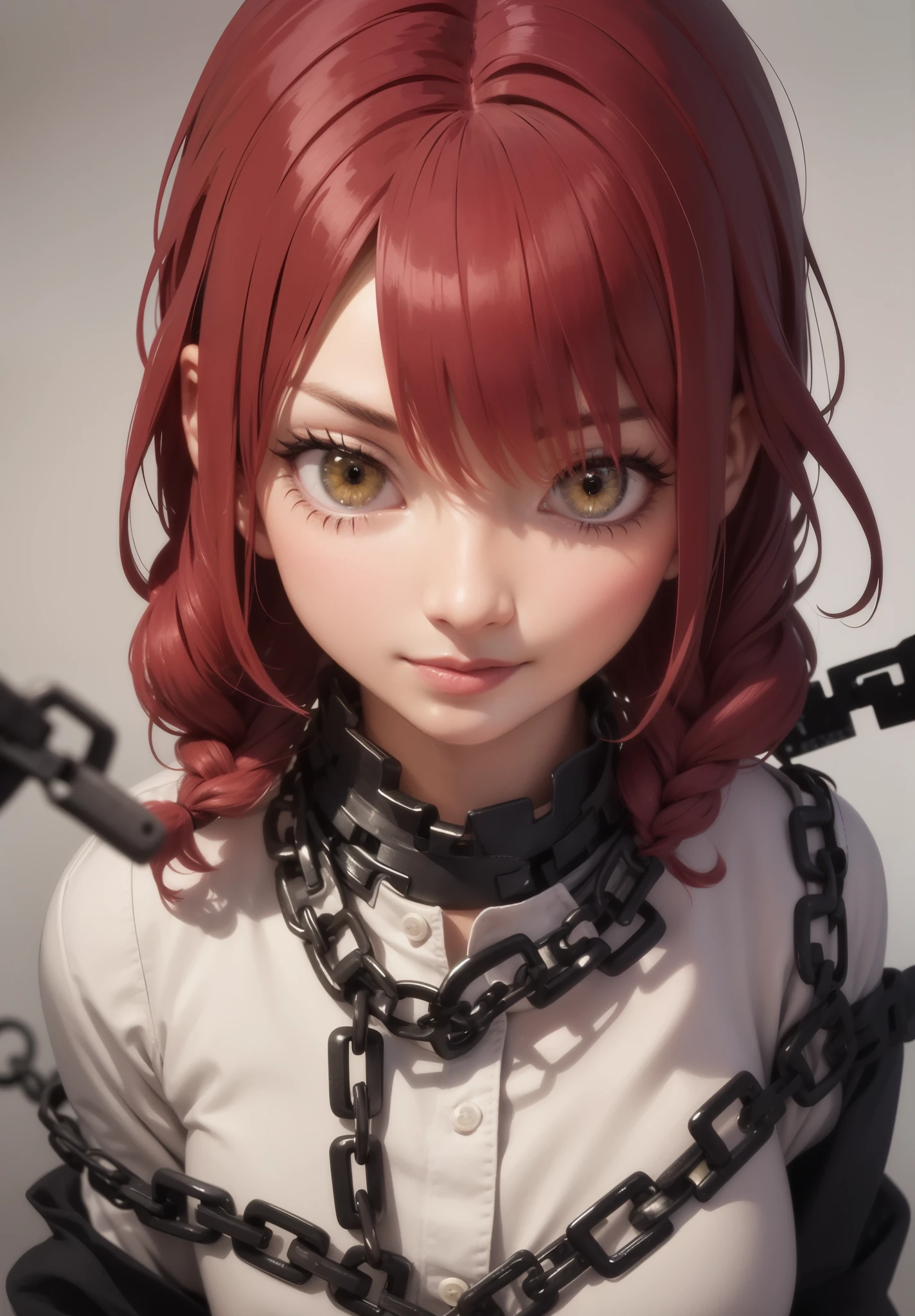 makima with the face of Margot Robbie (chainsaw man), best quality, ultra detailed, 1girl, solo, standing, red hair, long braided hair, golden eyes, bangs, medium breasts, white shirt, tie, look, smile, (bad: 1.2), looking at the viewer, (interview: 1.3), (dark background, chains: 1.3), from above, sharp contrast, beautiful detailed eyes, focus, close up shot