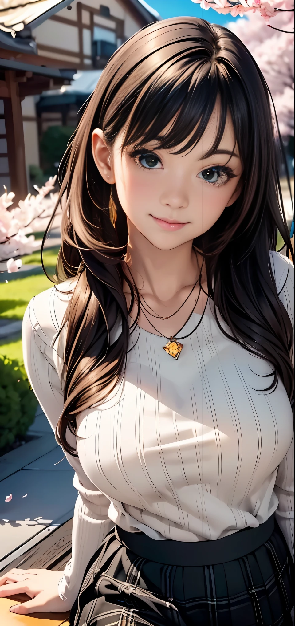 ((table top, highest quality, High resolution, nffsw, perfect pixel, Depth of written boundary, 4k, nffsw, nffsw))), 1 girl, single, alone, beautiful anime girl, beautiful art style, anime character, ((long hair, bangs, brown hair)), ((green eyes:1.4, round eyes, beautiful eyelashes, realistic eyes)), ((detailed face, blush:1.2)), ((smooth texture:0.75, realistic texture:0.65, realistic:1.1, Anime CG style)),  dynamic angle, ((black sweater, long sleeve, black skirt, plaid skirt, Snazzy, 1 diamond necklace)), smile,  amusement park, ((cherry blossoms, cherry blossomsの花が散る))