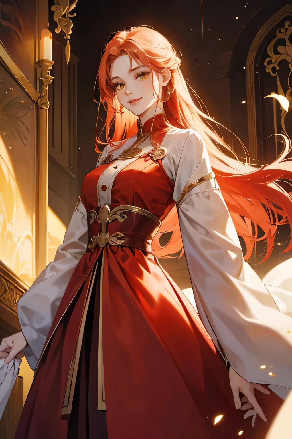 (absurd, high resolution), (panorama), a woman, mature, beautiful, tall,, exquisite, yellow eyes, pale red hair, wearing noble clothes, red clothes, serene expression, solo character, smile, magical, use magic, sexy, elegant