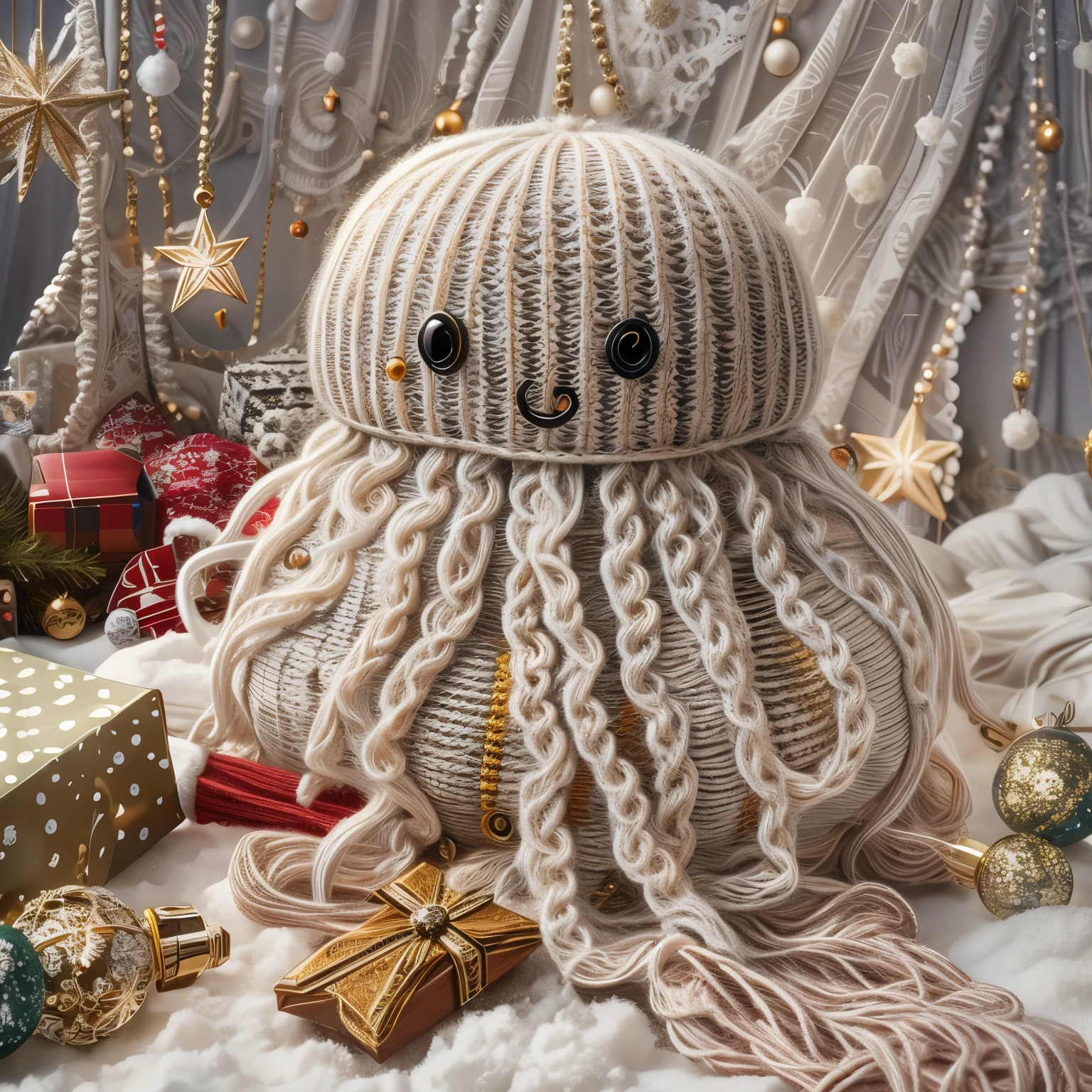 (La best quality,high resolution,super detailed,actual),Cute knitted jellyfish，in the room，smiley face，Christmas decoration，surrounded by christmas gifts，Dreamy elements（ （（masterpiece）））， （（best quality））， （（intricate details））（8k）