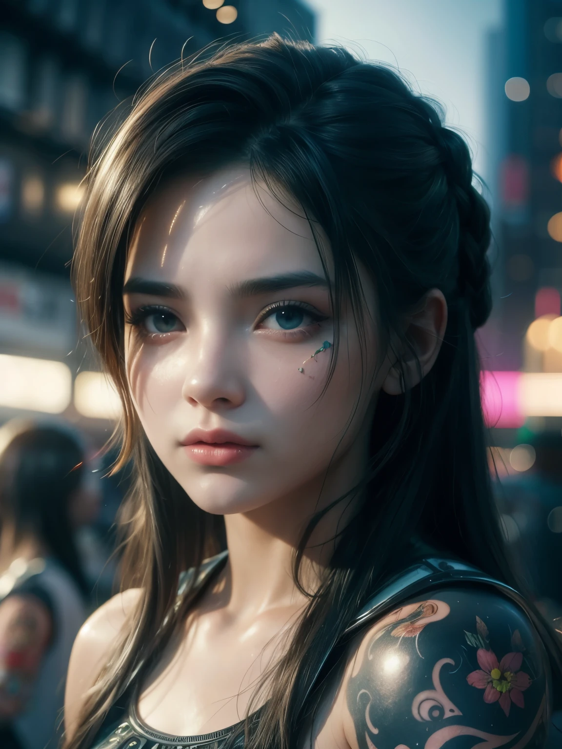 Hyperrealistic portrait of a 18 year old girl with intense gaze, intricate facial tattoos, colorful hair, and vibrant lighting. Set against a dystopian cityscape background, reminiscent of cyberpunk art. Masterpiece digital artwork by Greg Rutkowsky and Hayao Miyazaki.