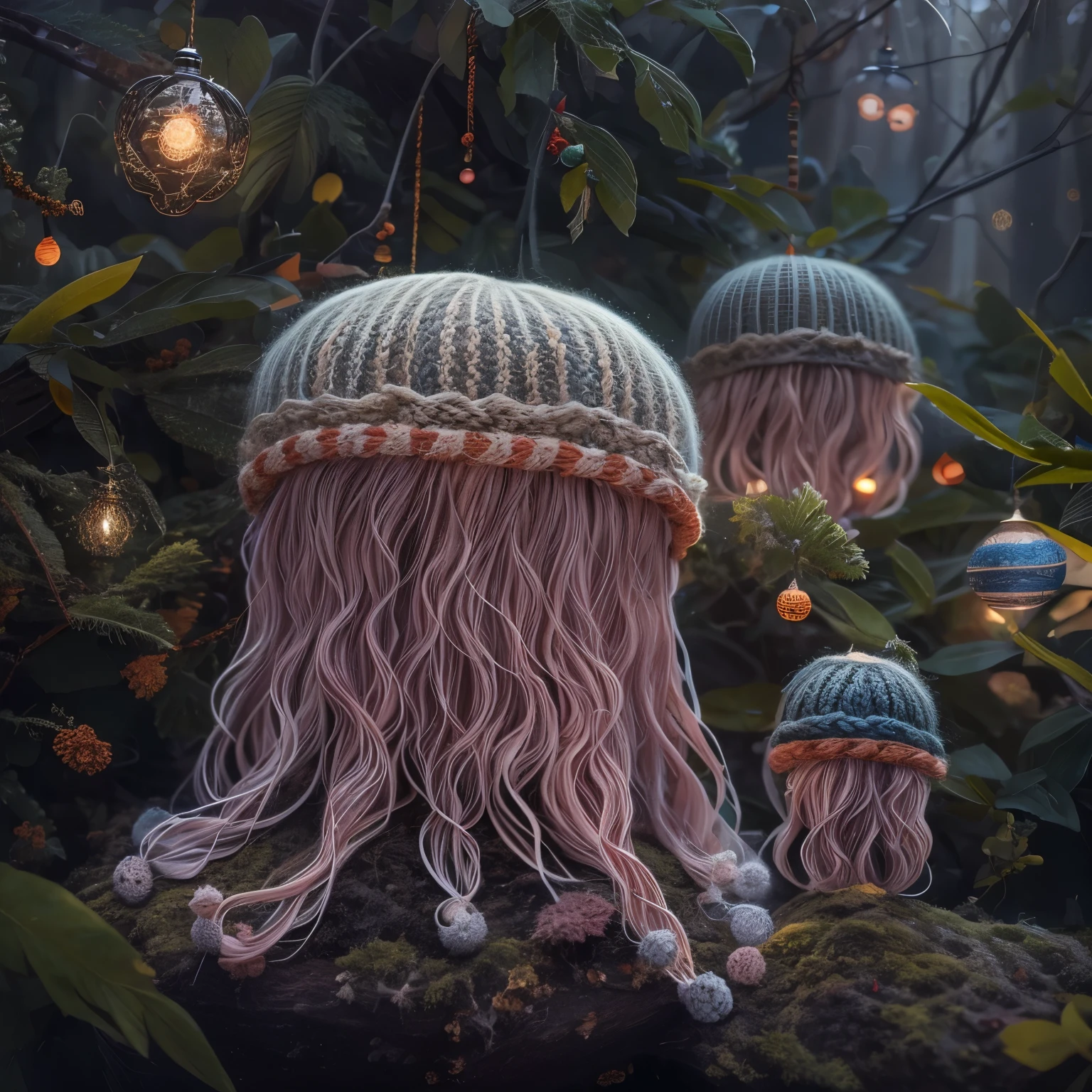 (La best quality,high resolution,super detailed,actual),Cute knitted jellyfish，in the forest，Christmas decoration，Surrounded by glowing jellyfish，Dreamy elements（ （（masterpiece）））， （（best quality））， （（intricate details））（8k）