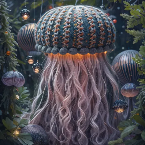 (La best quality,high resolution,super detailed,actual),Cute knitted jellyfish，in the forest，Christmas decoration，Surrounded by ...