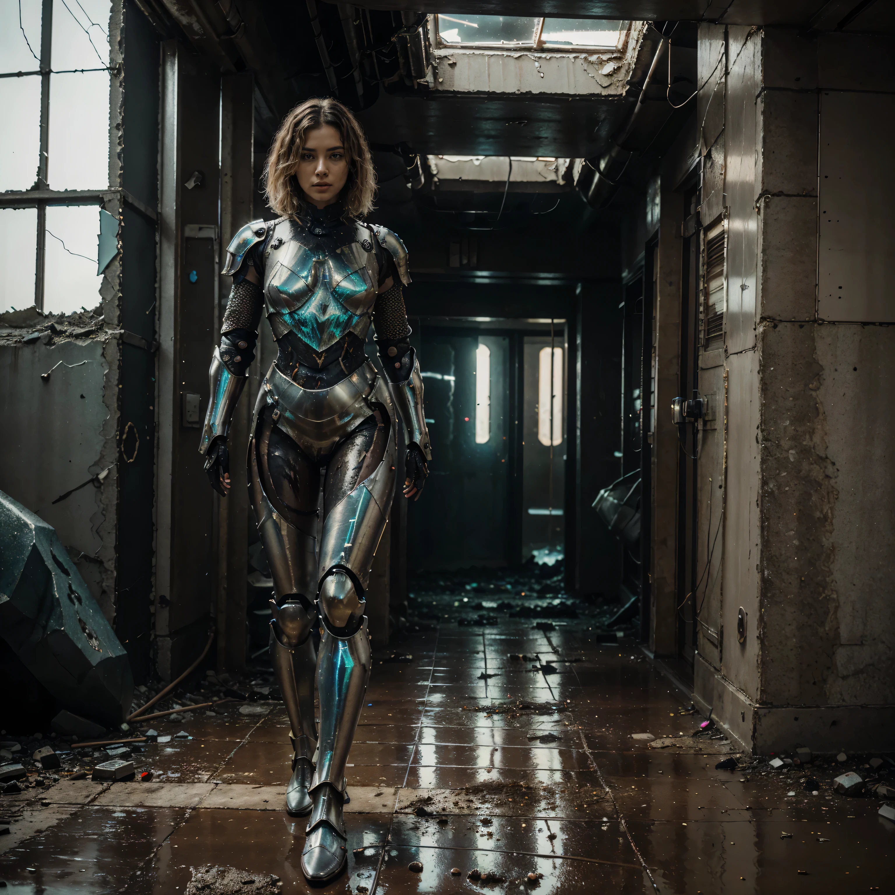 A beautiful blonde woman with (messy hair) walking alone the street of a ((ruined after war city)), there is a night, she has detailed ((futuristic armor made of glass:1.4)), mechanical parts, ((glass suit)), dark lighting on scene, (ruined city), 4k extremely photorealistic (ultra-high res.photorealistic:.1.4, (high detailed dirty skin:1.4)), dirty face, dslr, high quality, film grain, (masterpiece) (sharp focus) full body shot, curve hips, futuristic battlesuit