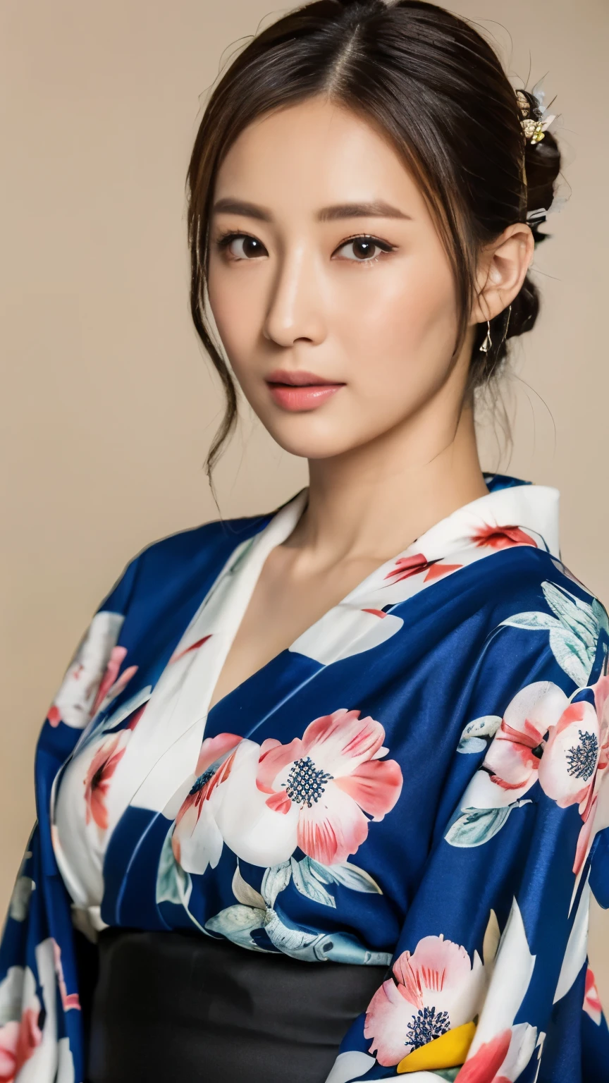 ((highest quality, 8k, masterpiece: 1.3)), sharp focus: 1.2, beautiful woman with perfect figure: 1.4, (kimono), Highly detailed face and skin texture, fine eyes, (lips), dark brown hair, cowboy shot,赤いkimono