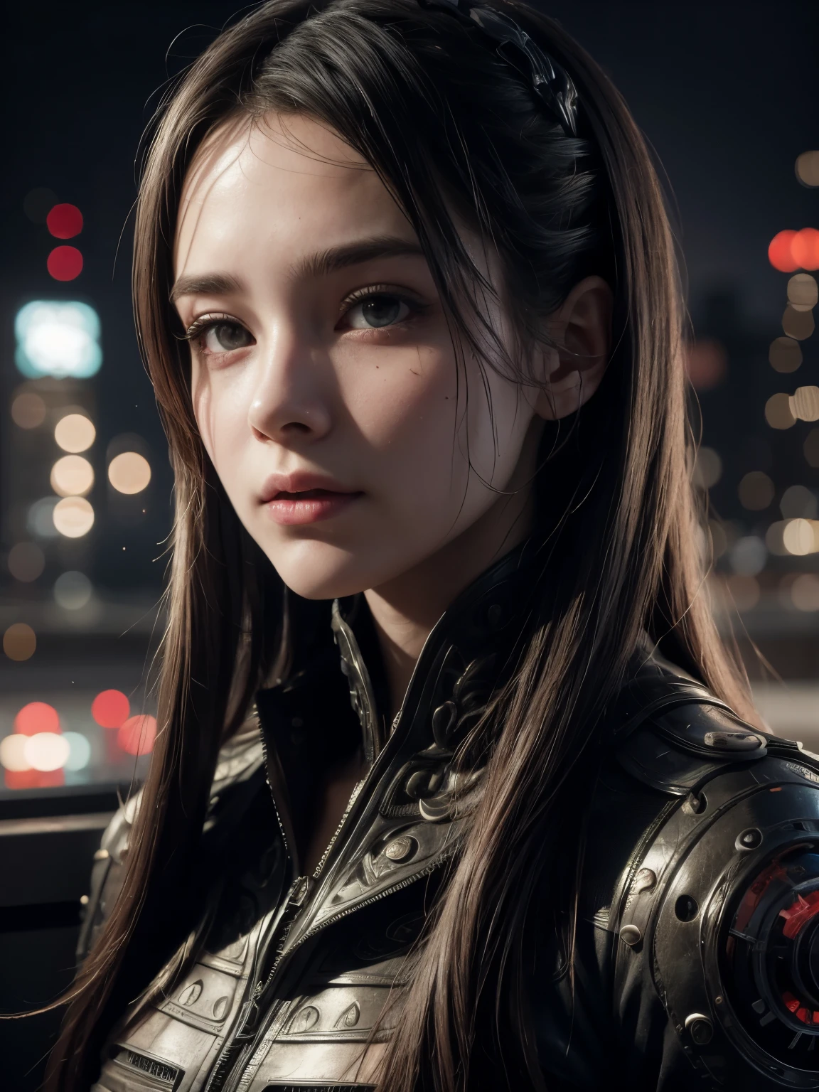 Hyperrealistic portrait of a 18 year old girl with intense gaze, intricate facial tattoos, colorful hair, and vibrant lighting. Set against a dystopian cityscape background, reminiscent of cyberpunk art. Masterpiece digital artwork by Greg Rutkowsky and Hayao Miyazaki.