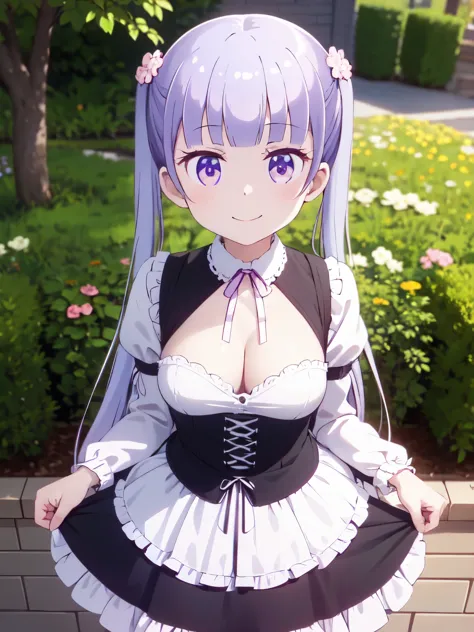 Super detailed, High resolution,[8k images:1.15],garden、全体的にlong hair、1 girl, smile, Suzukaze Aoba, long hair, brown hair、bright eyes、open-chested clothes、big breasts、gothic lolita clothing、Cute skirt、skirt, white skirt、absolute reference to center