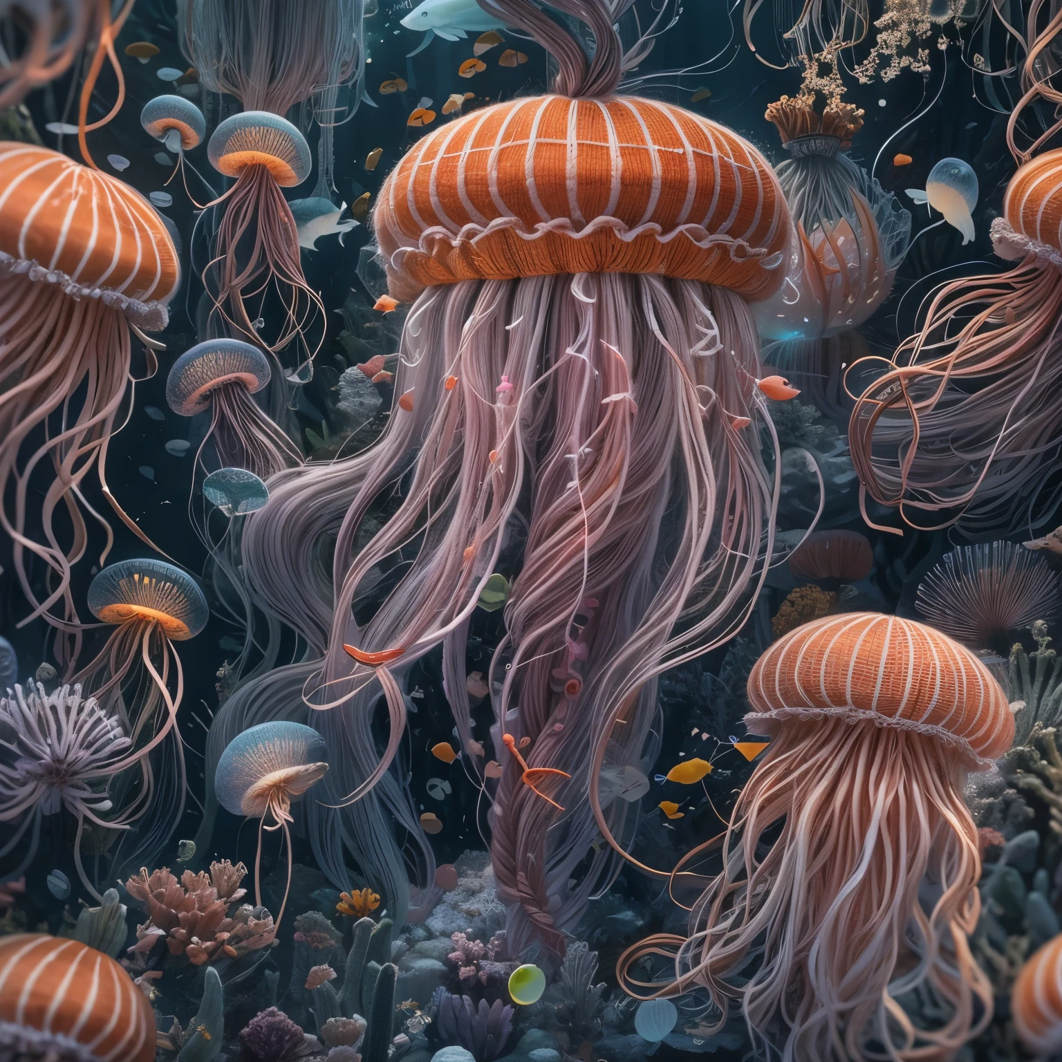 (La best quality,high resolution,super detailed,actual),Cute knitted jellyfish，at the bottom of the sea，Surrounded by glowing jellyfish，Dreamy elements（ （（masterpiece）））， （（best quality））， （（intricate details））（8k）